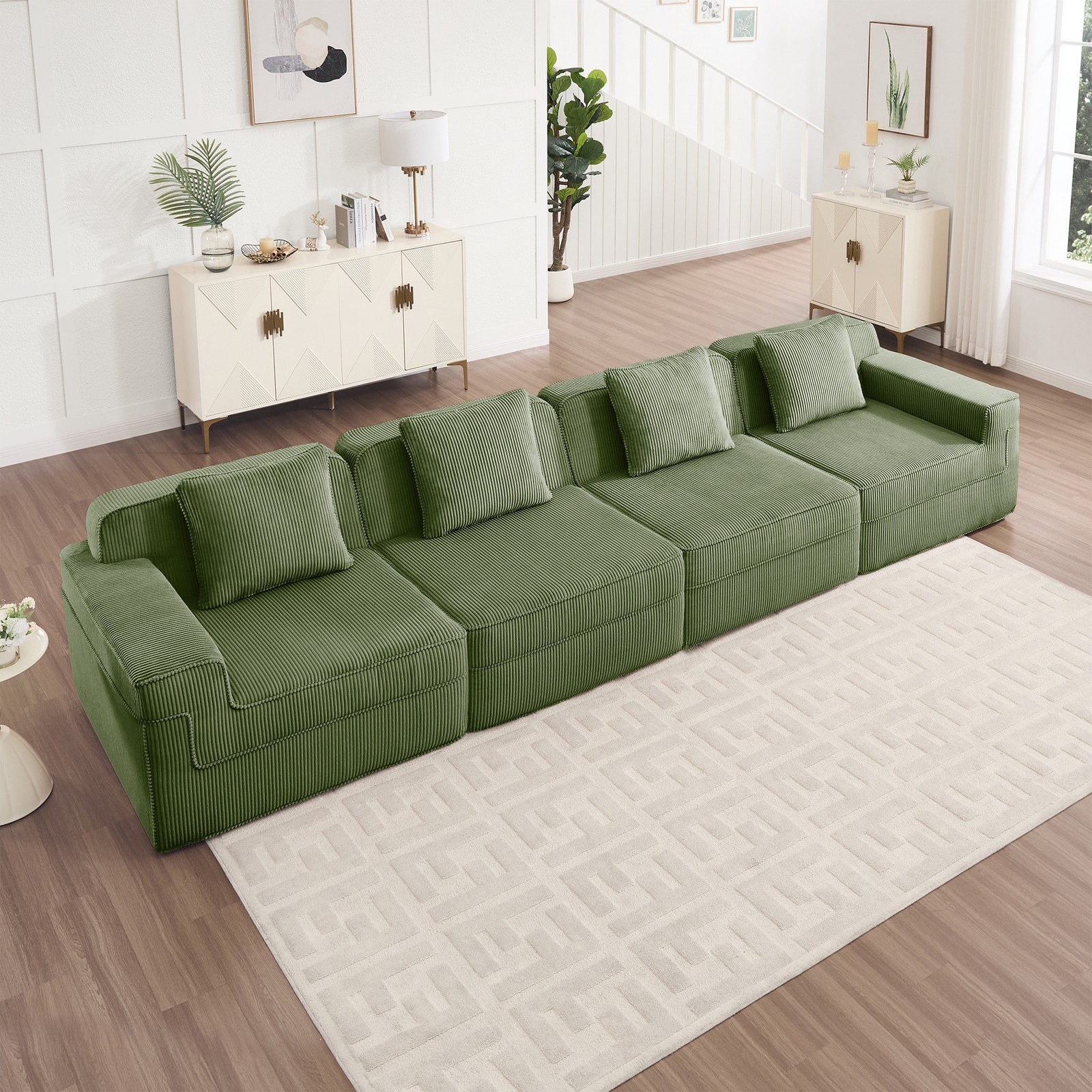 4-Seat Modular Cloud Sofa Sectional, Green Corduroy Fabric w/ Pillows