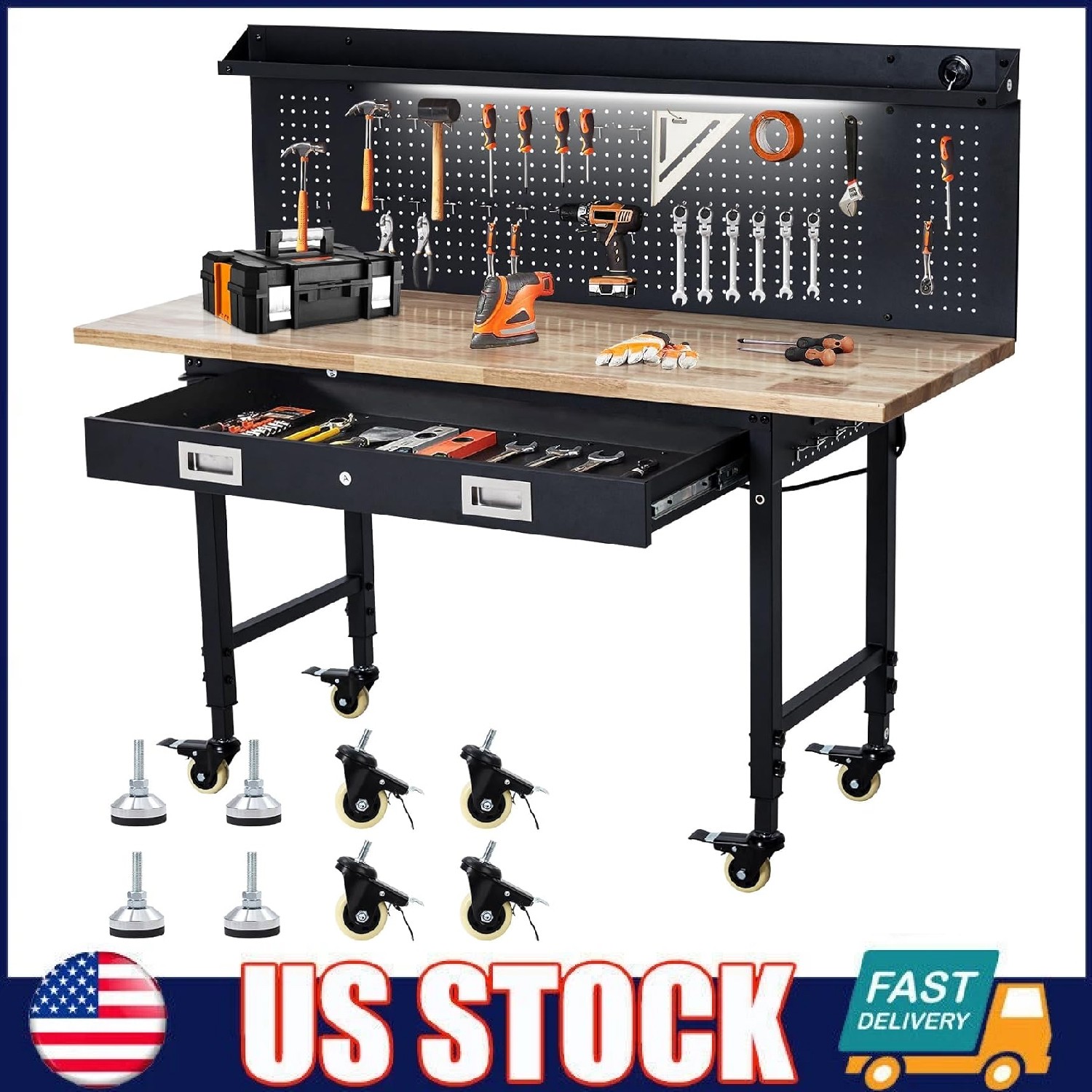 60"x22" Adjustable Workbench for Garage Work Table with Power Outlets & Pegboard