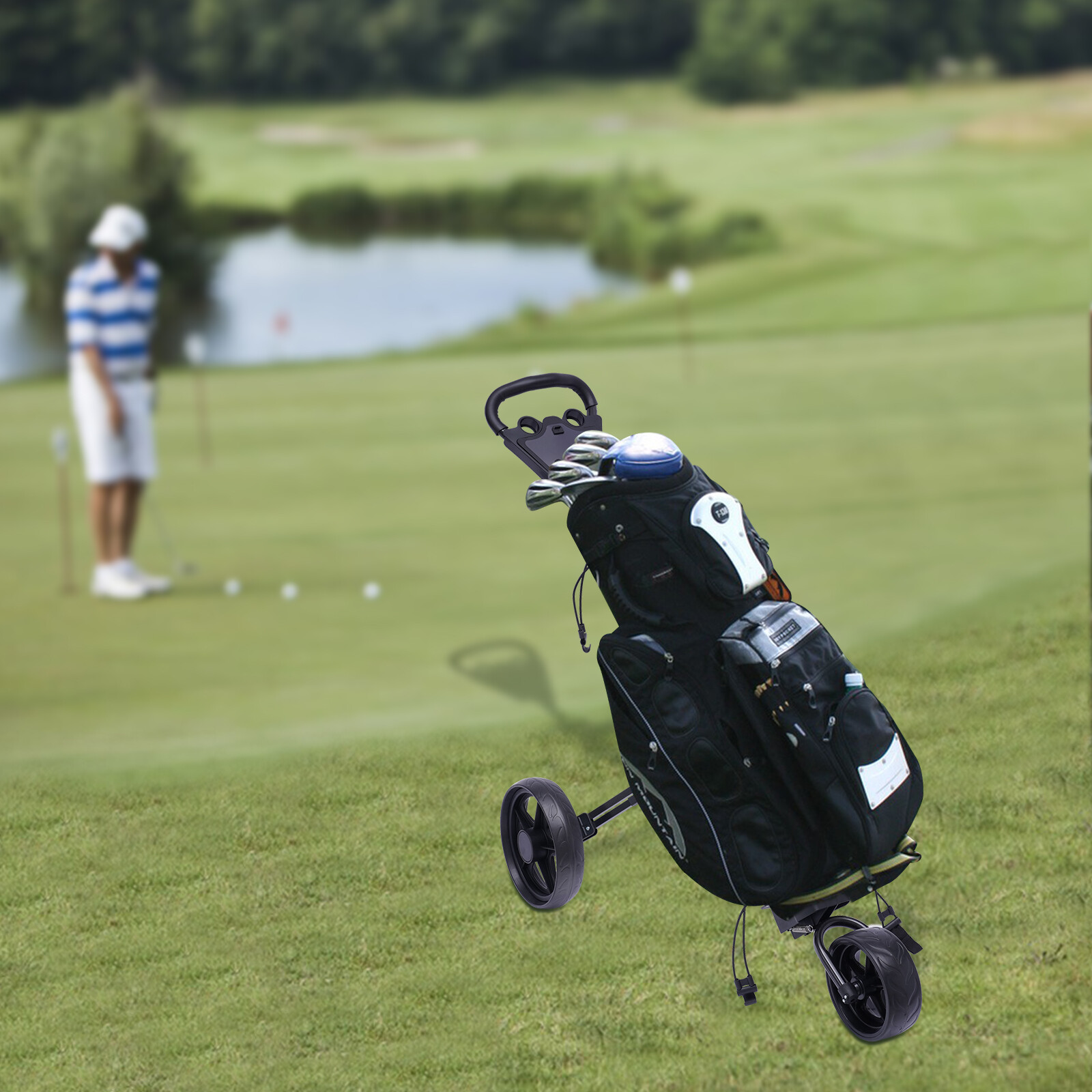 New Foldable 3 Wheel Golf Pull Push Cart Trolley with Scorecard Drink Holder