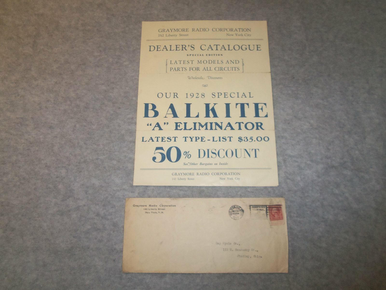 1927 GRAYMORE RADIO CORPORATION DEALER'S CATALOGUE & ENVELOPE - J 6290