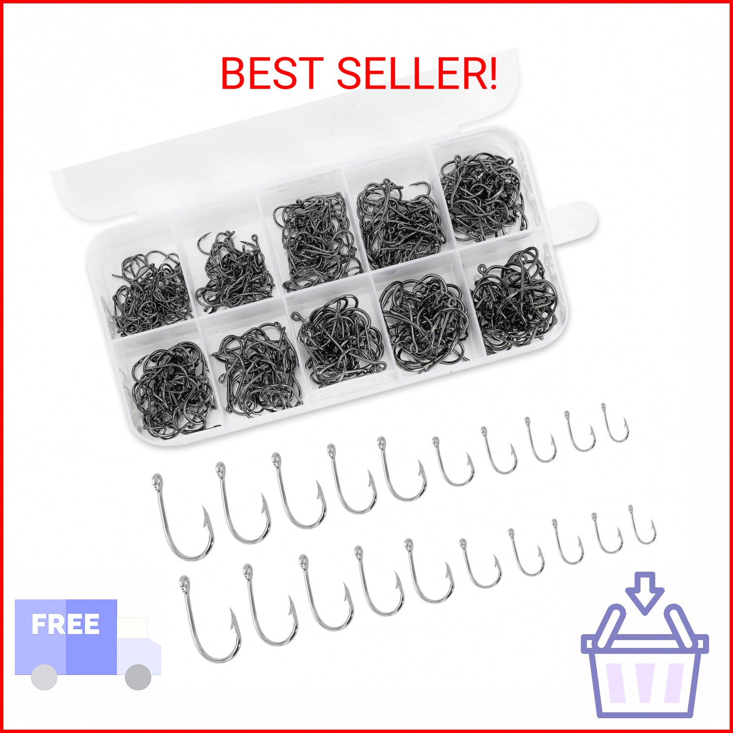 Worutuk 500 Pcs Carbon Steel Fishing Hooks Set with 10 Sizes, Universal Octopus
