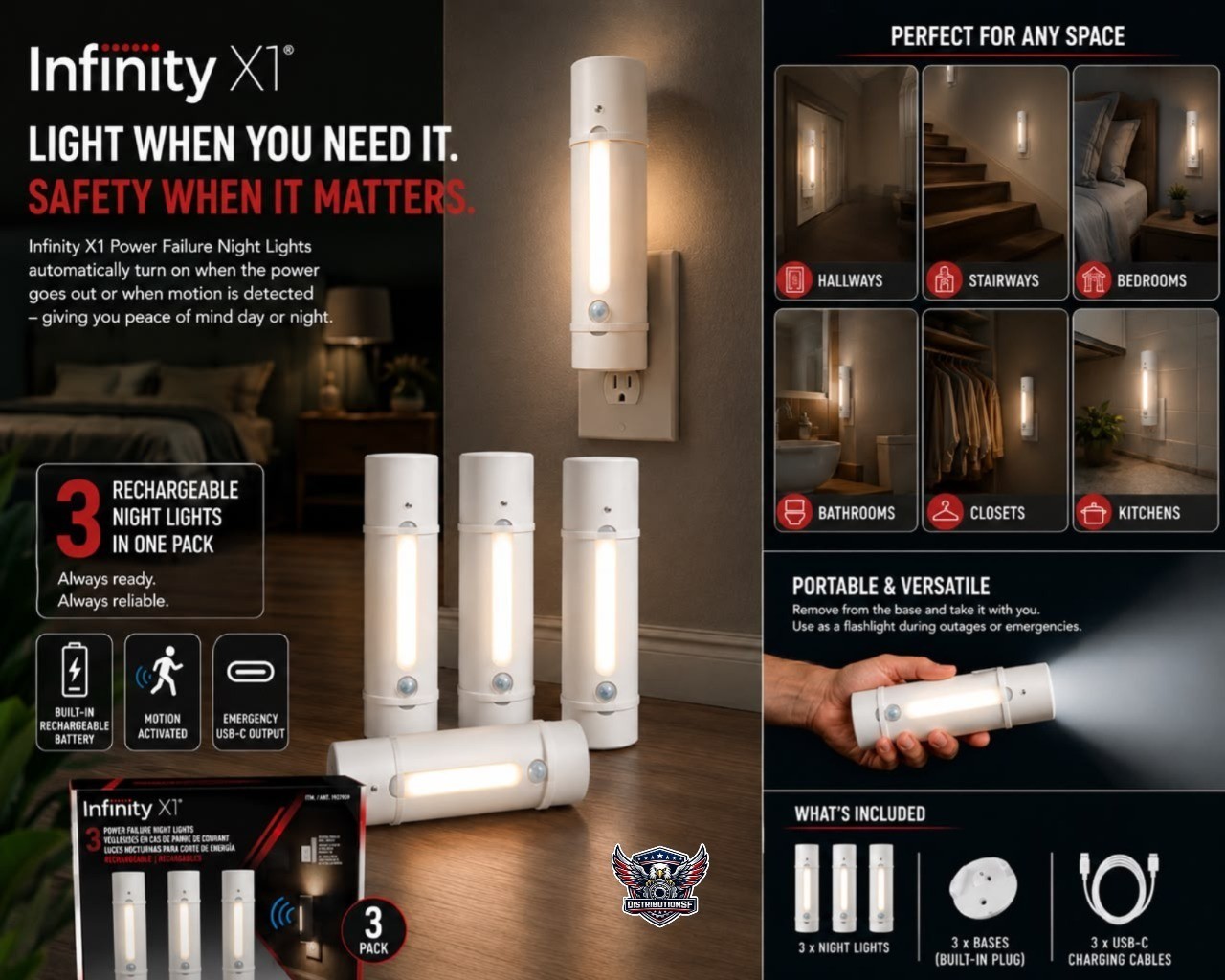 Infinity X1 3-Pack Rechargeable Power Failure Night Lights Motion Sensor USB-C