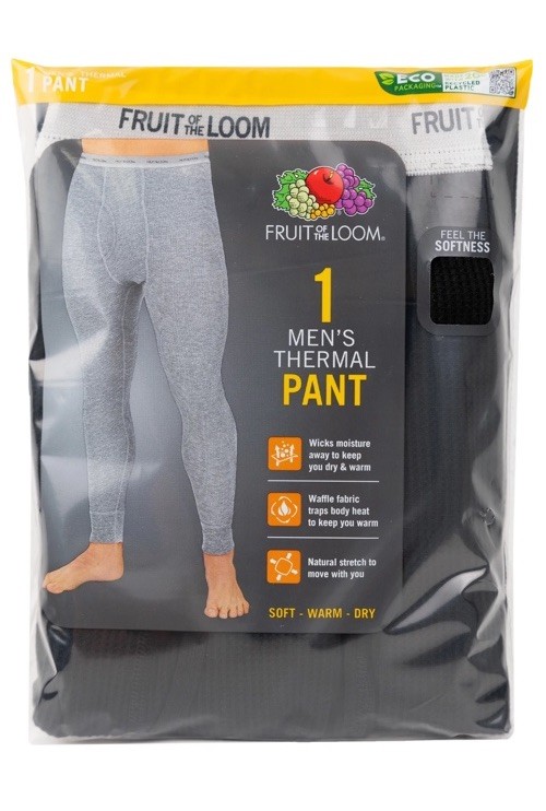 Fruit of The Loom Men's Black Thermal Waffle Long Johns Pants Size Medium 32-34