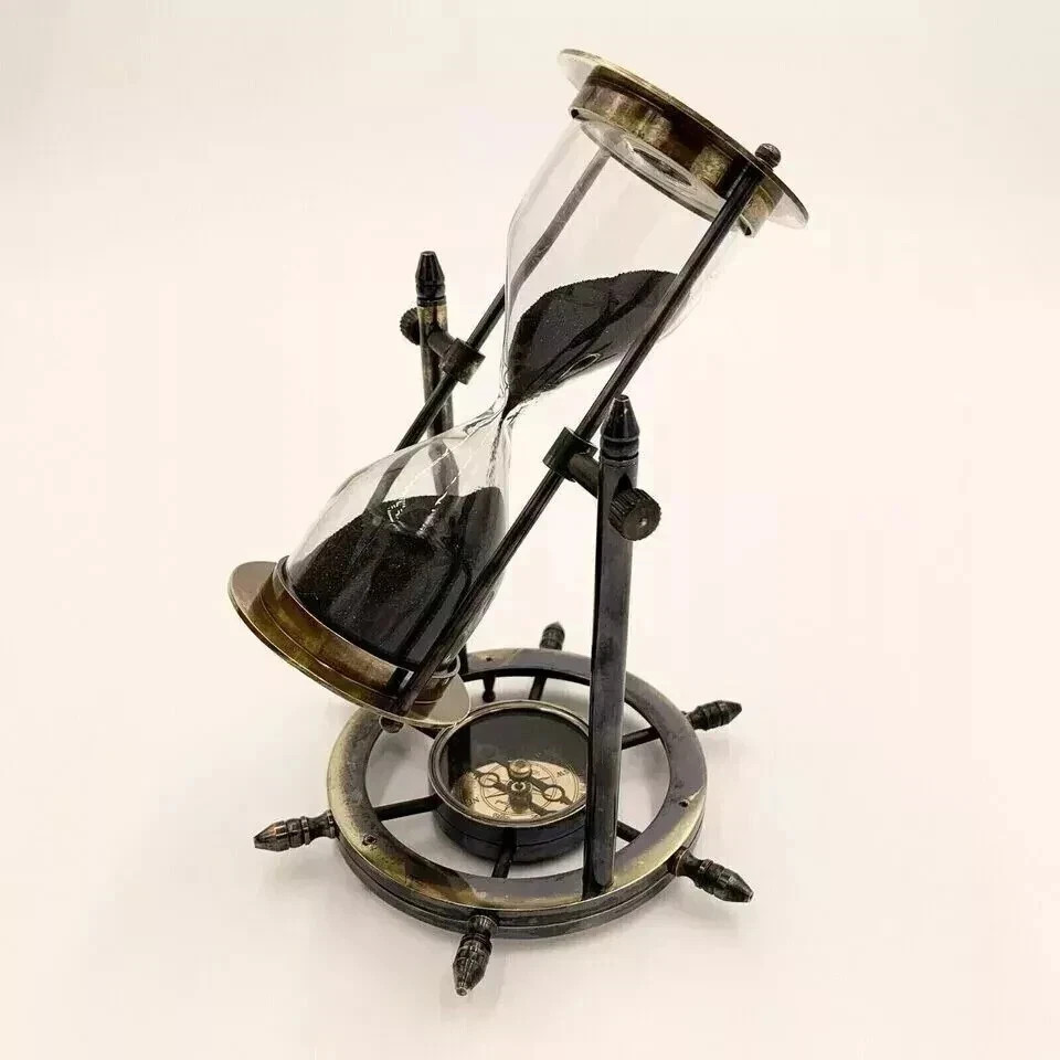 Antique Brass Sand Timer Hourglass Wheel Compass Base Collectible Christmas Gift