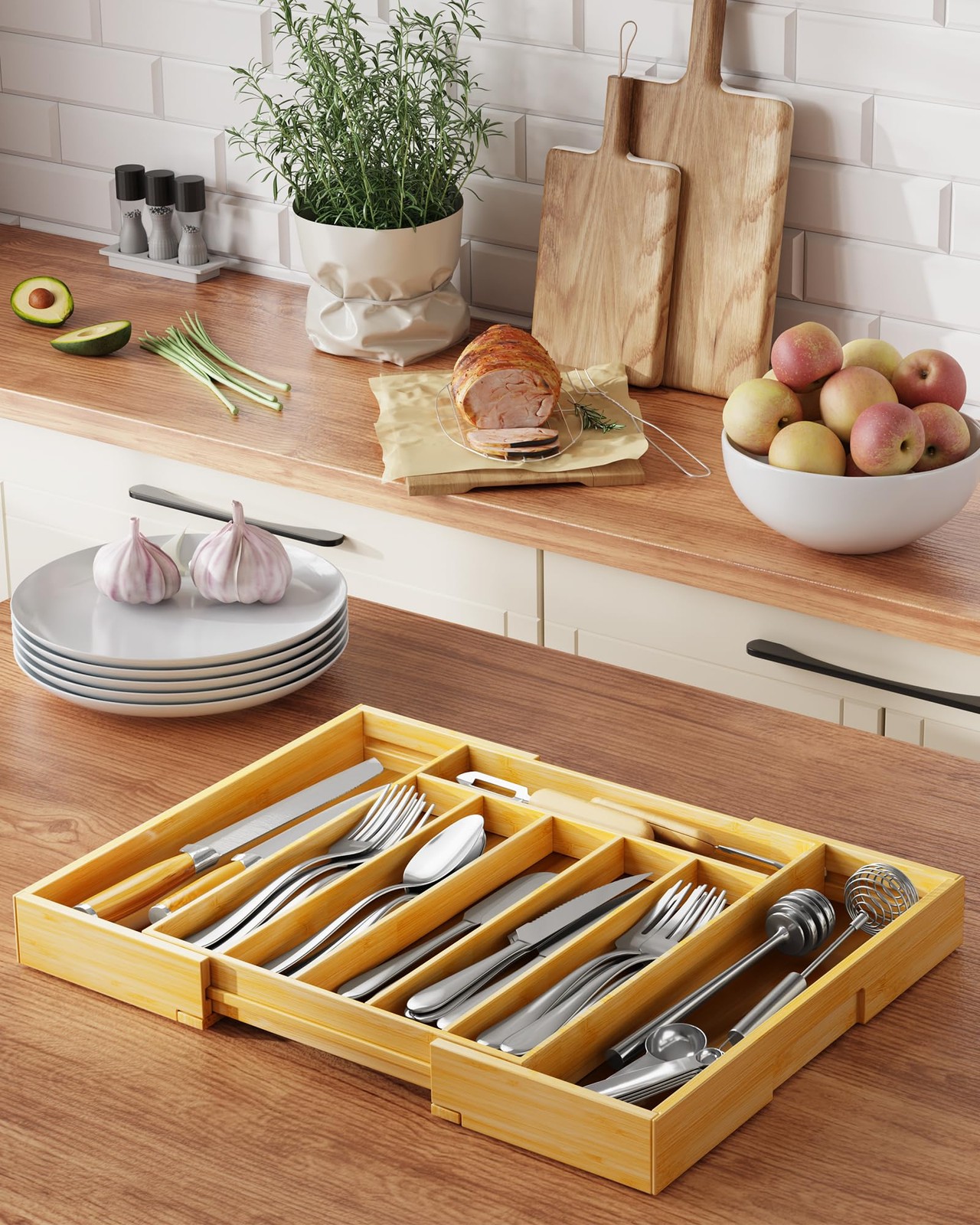 Kitsure Large Bamboo Silverware Organizer - Expandable Extra Large, Natural