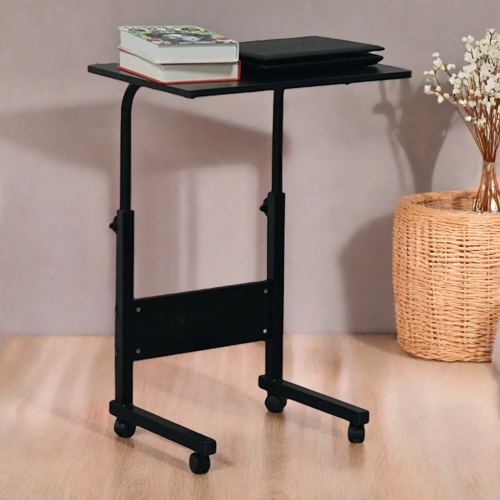 Rolling Laptop Desk - Adjustable Height Black 23.62" Tabletop Portable
