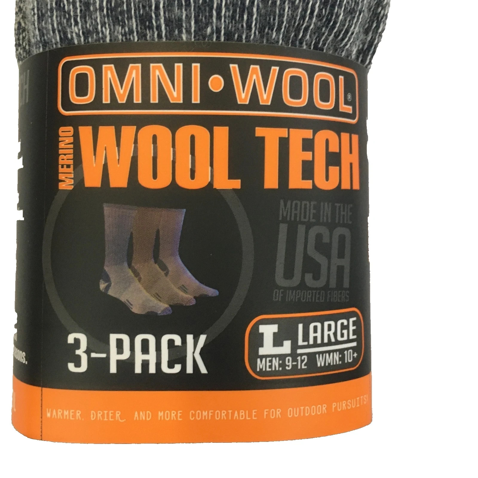 Omni Wool 3-Pack Merino Wool Tech Moisture Management Sock Size Large Unisex NWT