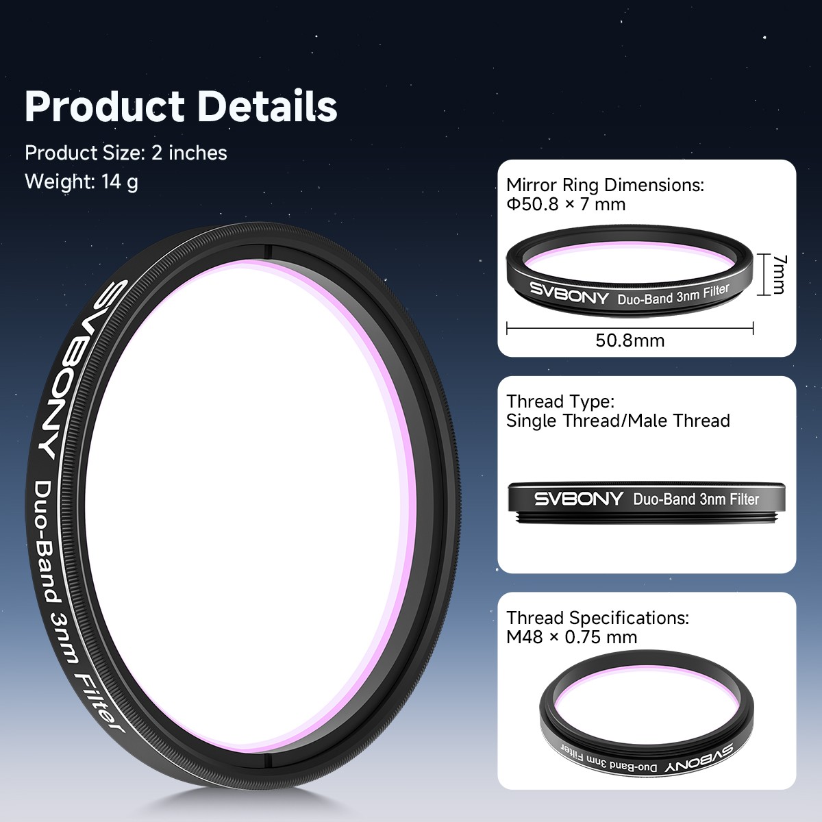 SVBONY SV220 H+O 7nm + 3nm 2'' Dual-Band Filter Set + M42-M48 Filter Drawer