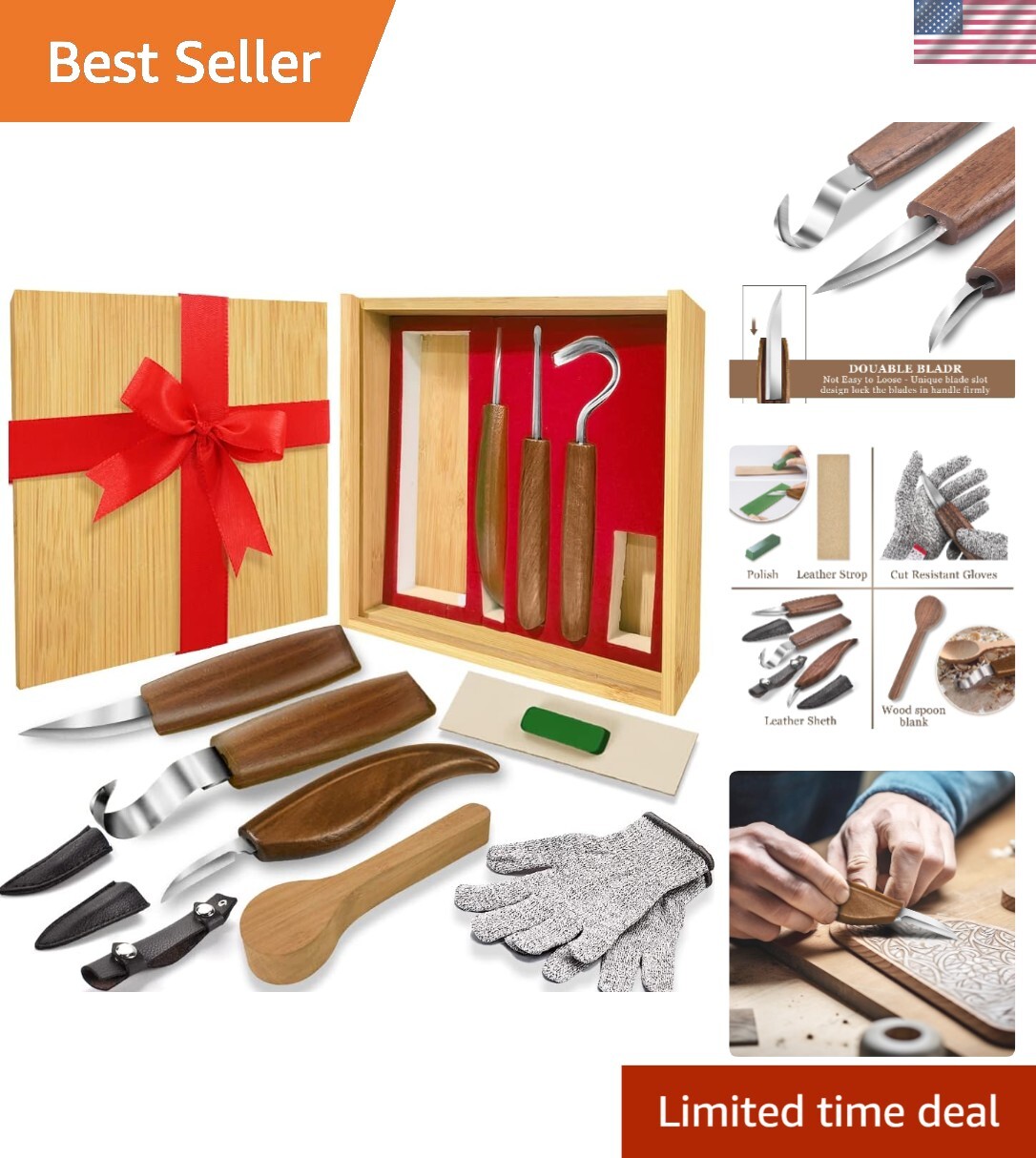 High-Quality 12-Piece Whittling Kit - Includes Gloves & Custom Leather Sheaths
