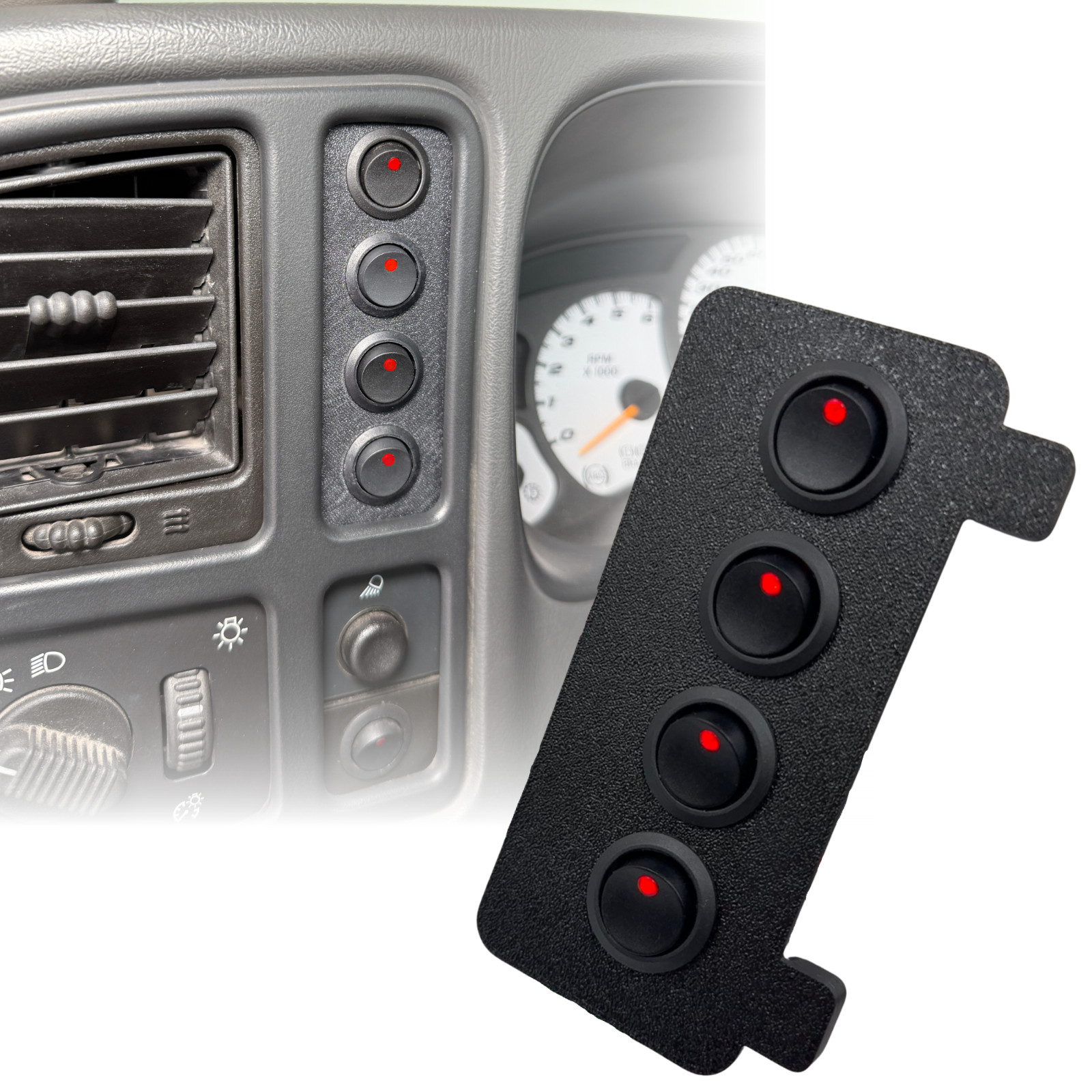 99-07 Silverado Sierra 4 Toggle Switch Panel Bezel w RED Switches NBS Chevy GMC