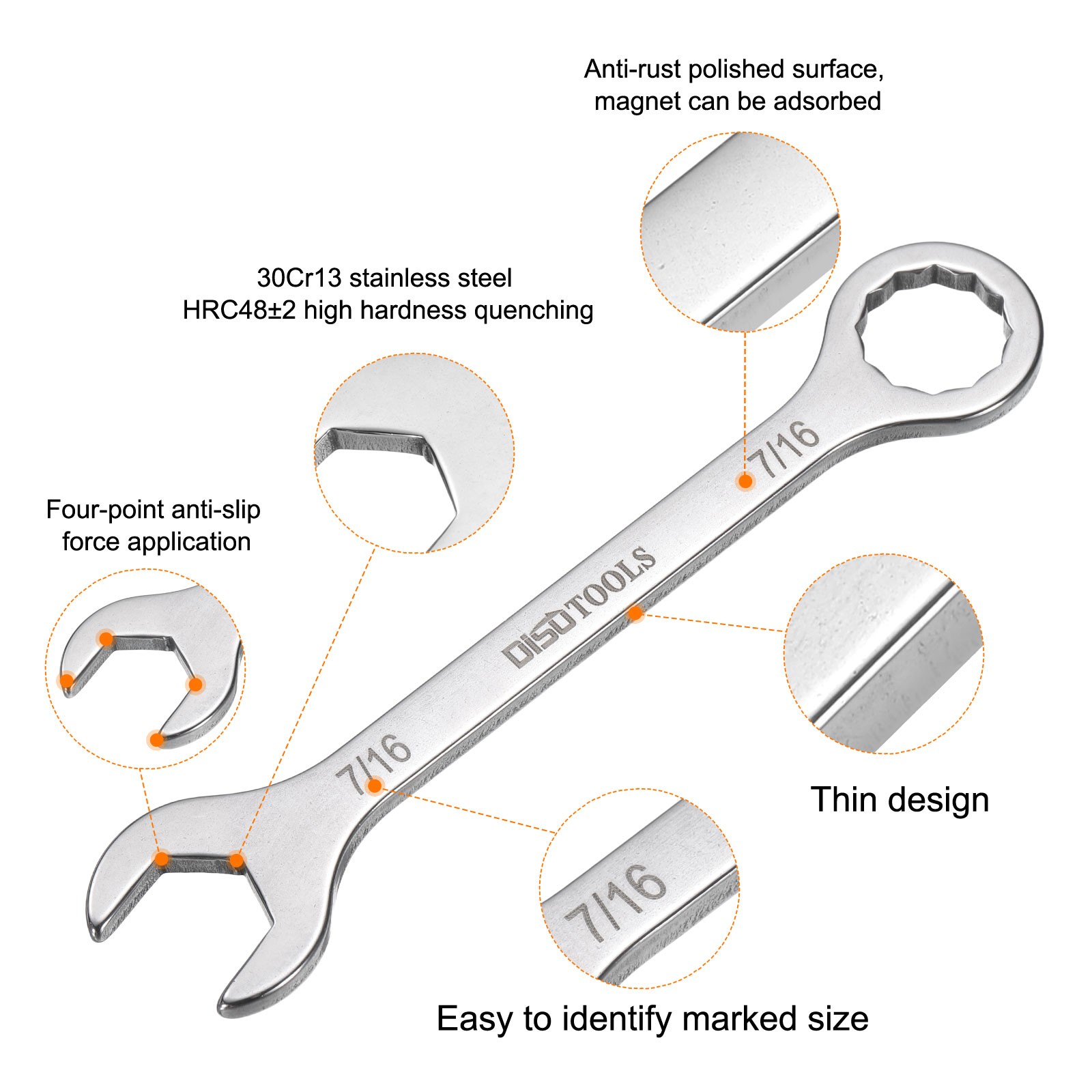 2pcs Thin Combination Wrench 7/16" with 6-Point Ended 5°Angled Open End