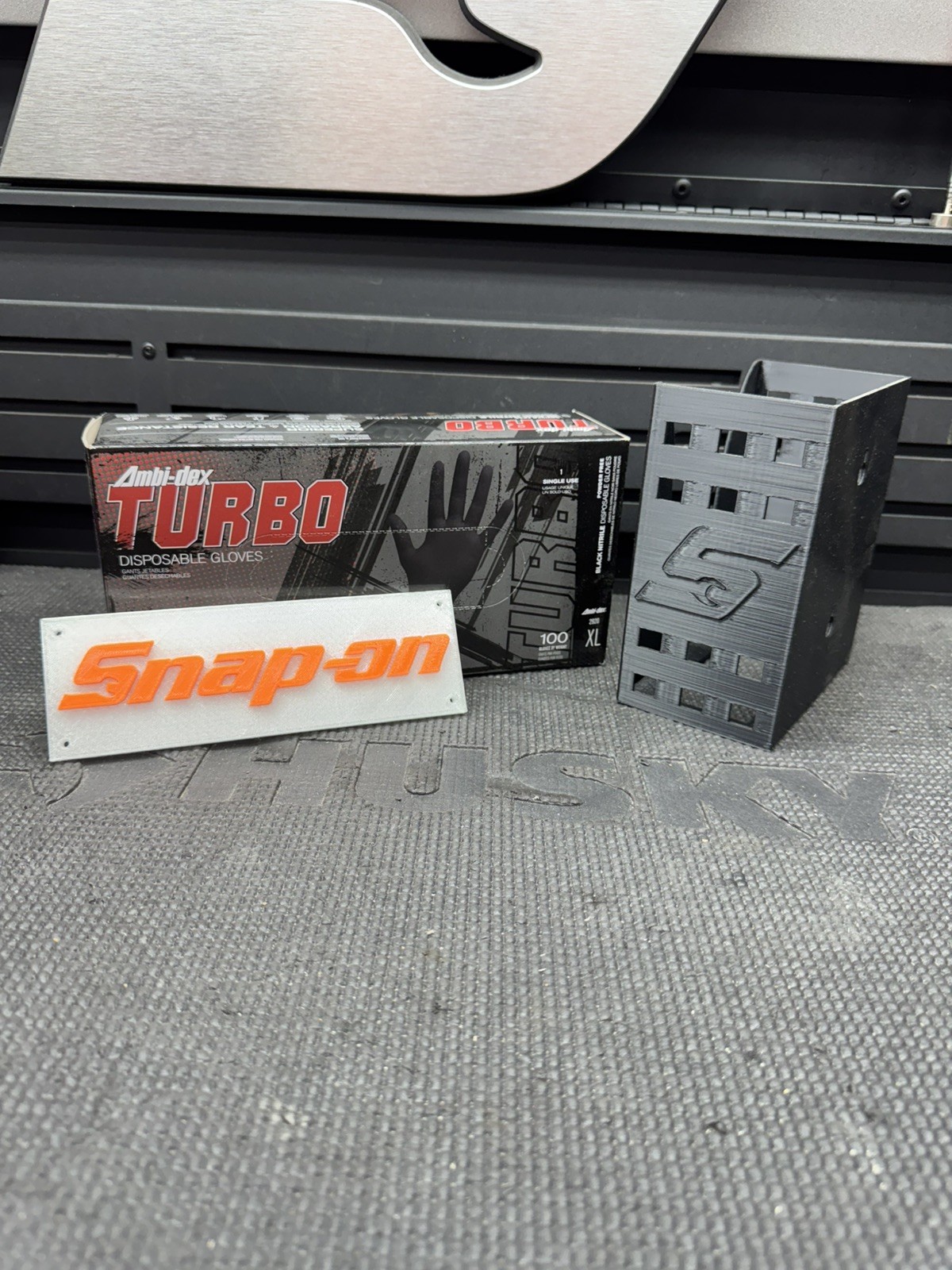 Snap On Tools Rubber / Nitrile Glove Holder with a box of Nitrile Gloves.