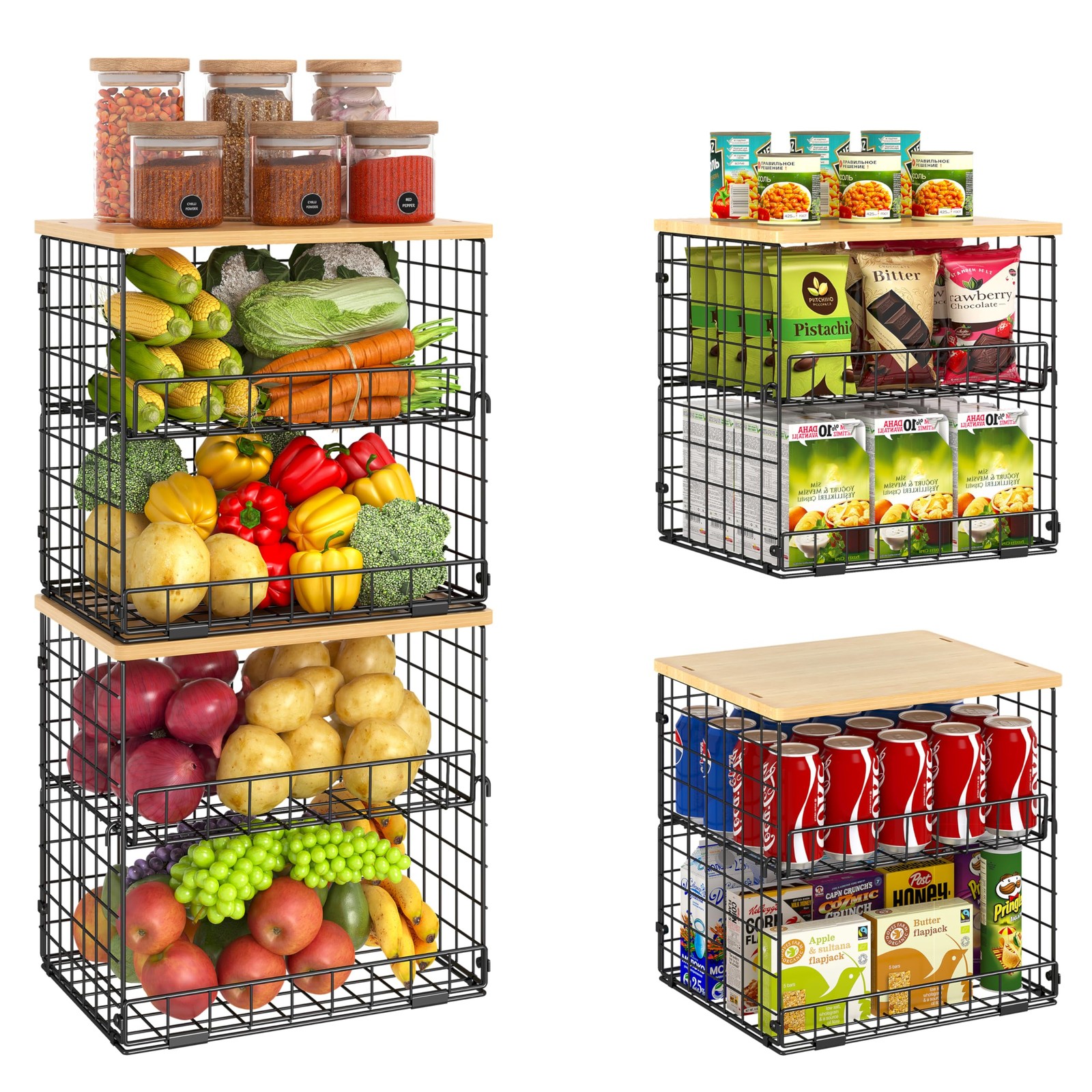 Best 4 Pack Stackable Wire Baskets for Pantry Organizers and Storage, with Fixed