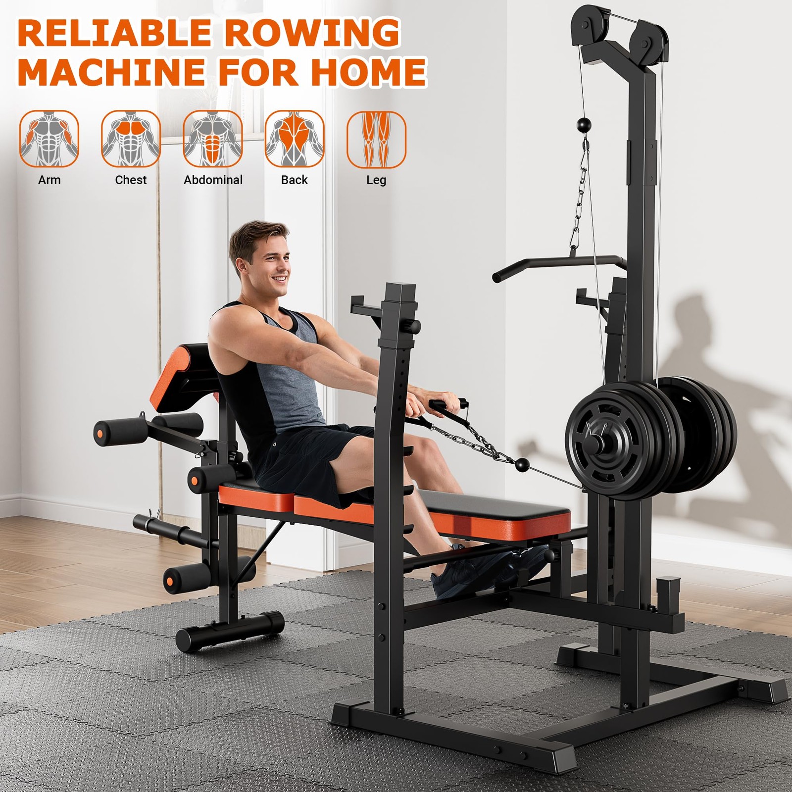 9-in-1 Adjustable Olympic Weight Bench with Lat Pulldown, Row, Squat Rack & L...