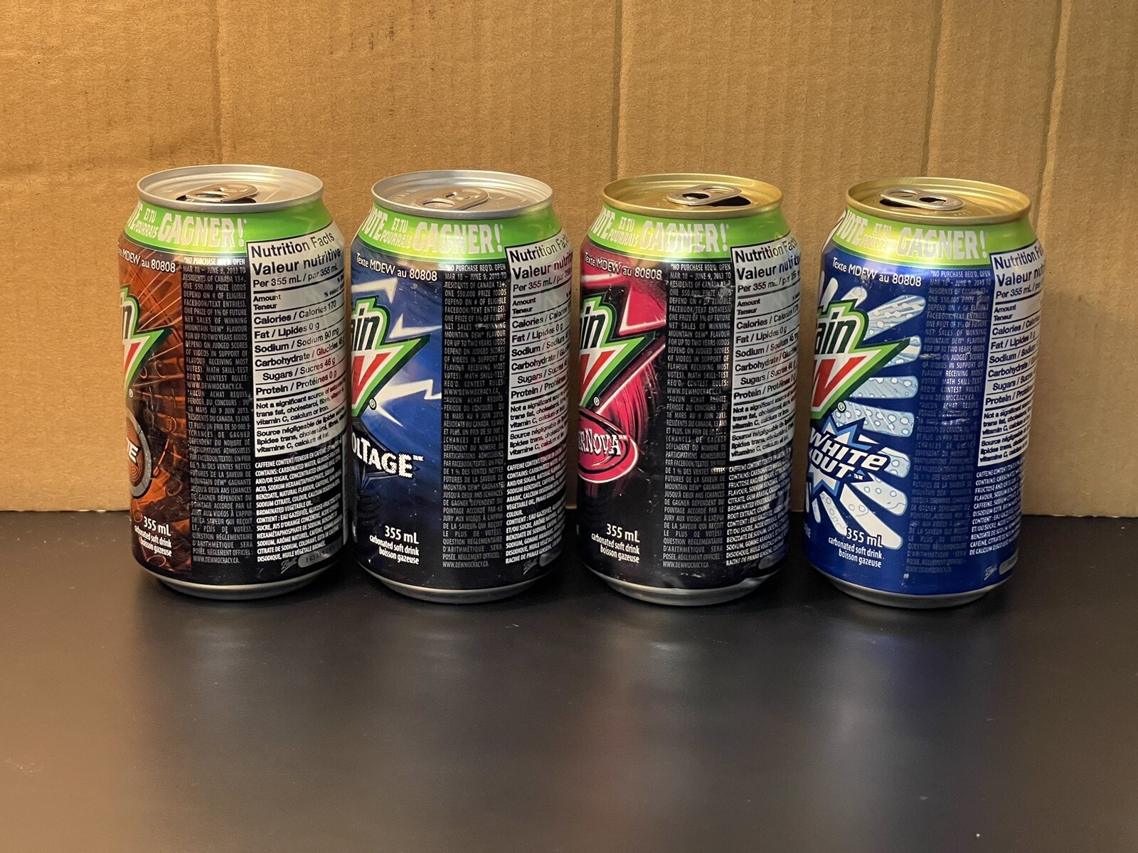 (4) Mountain Dew Canada Dewmocracy Empty Cans (2013) Supernova White Out