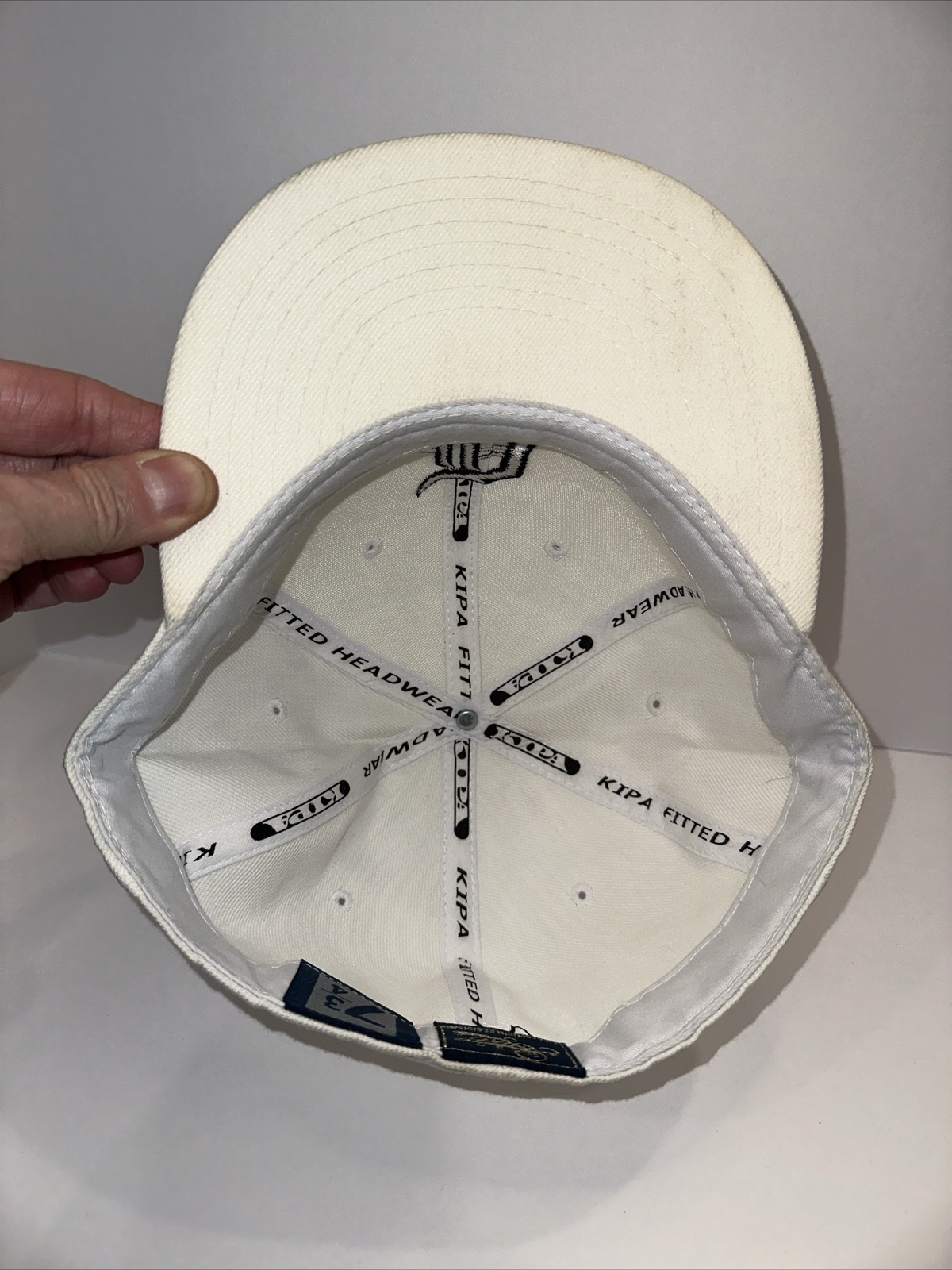 Detroit Black Script D on White Hat Cap Fitted 7 3/4 Kipa Brand Bill Sticker
