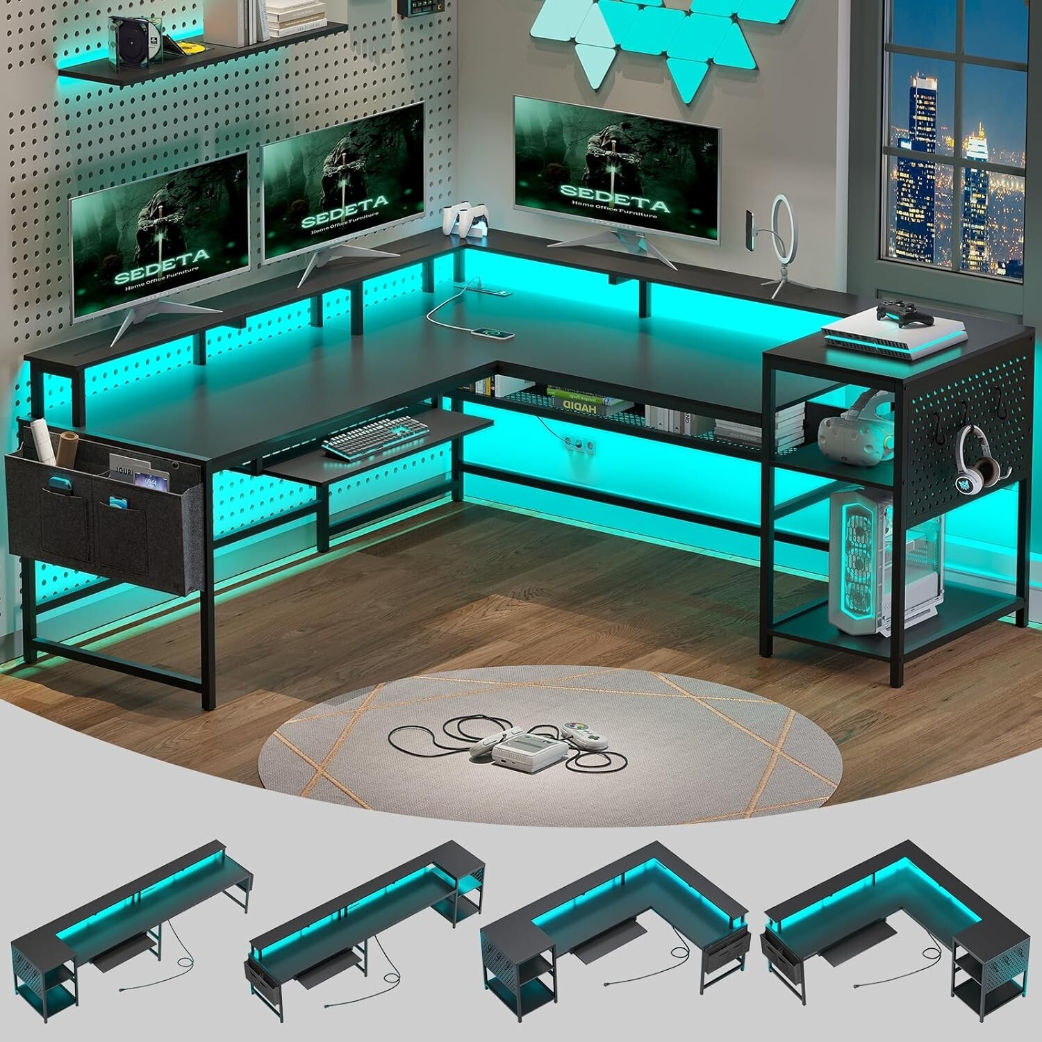 L Shaped Gaming Desk with Power Outlets and LED Strip, Reversible Computer Desk