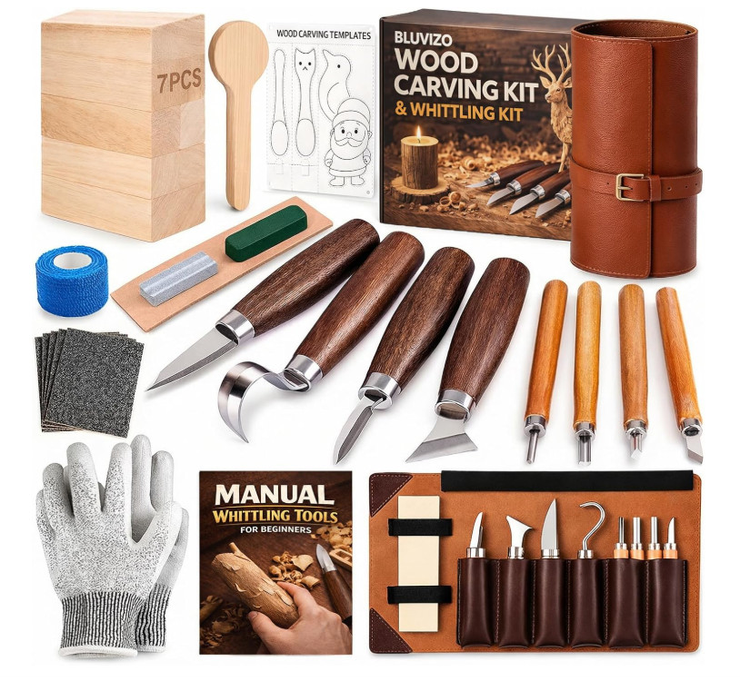Wood Carving Kit Whittling Kit: Deluxe Tools Set with Leather Case - Hobby Kit