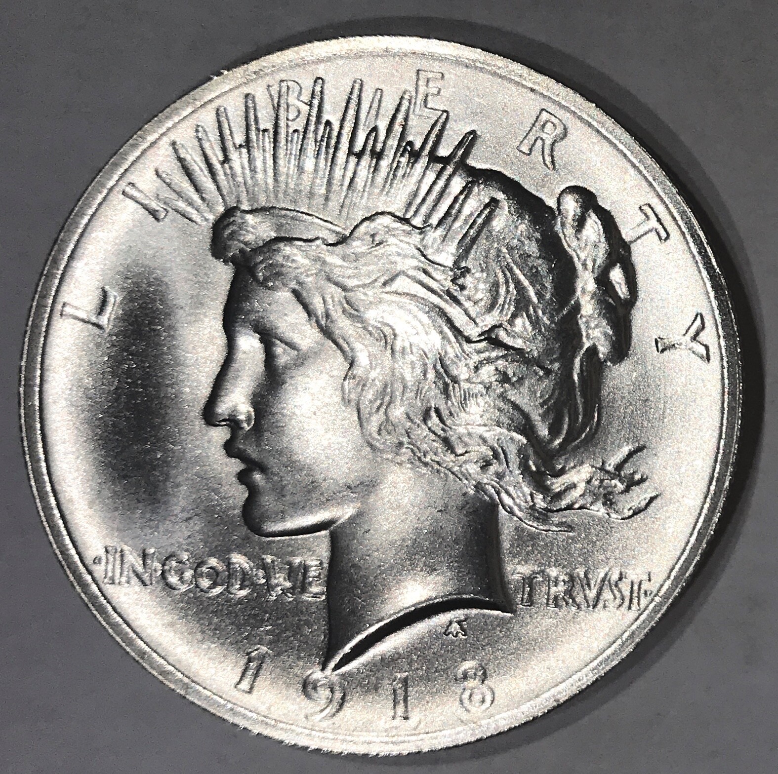 1918 Peace Dollar Hi-Relief Overstrike Broken Sword Bulk Handled Dan Carr /2