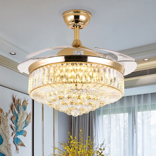 42" Invisible LED Ceiling Fan Light Crystal Retractable Chandelier Lamp W/Remote