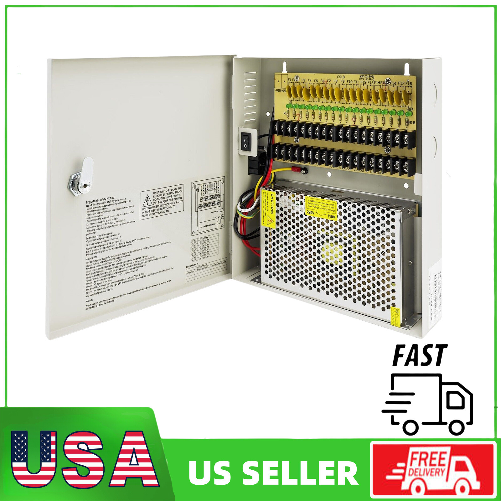 18 CH CCTV Power Supply Box DC 12V 10A fit CCTV DVR Security System and Cameras