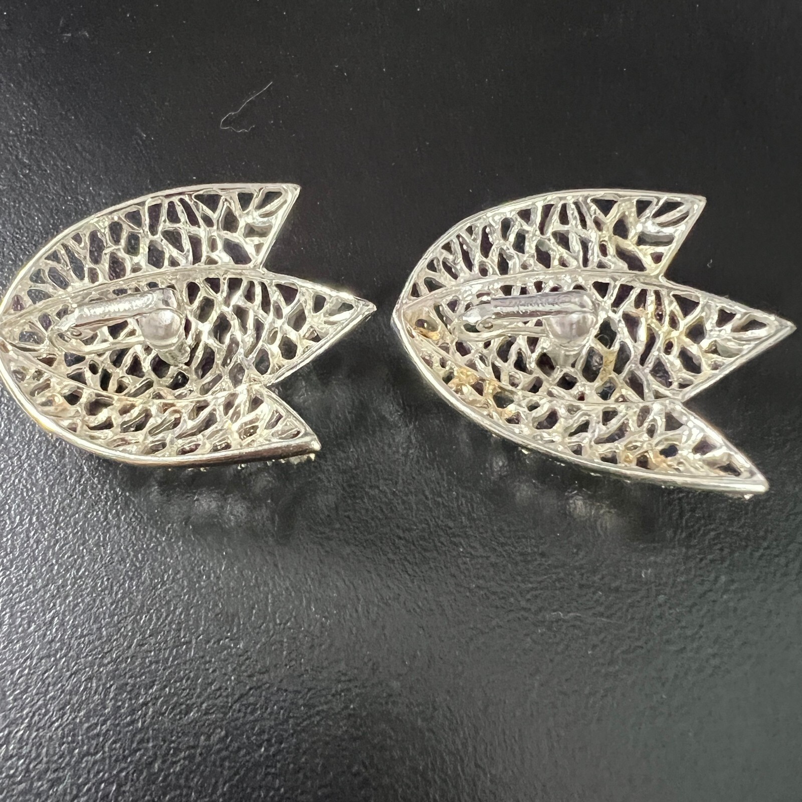 Vintage Emmons Leaf Clip On Earrings Open Metal Work Brushed Silver Tone