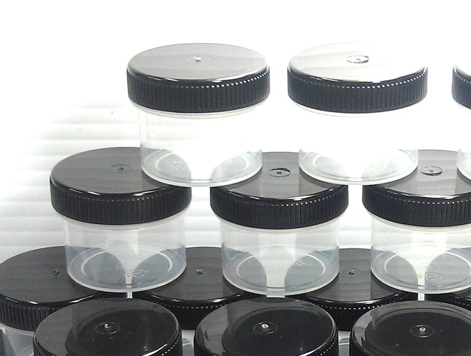USA 20 Small Plastic Jars 1 ounce Clear Container Black Cap Lids Screw Tops 4304