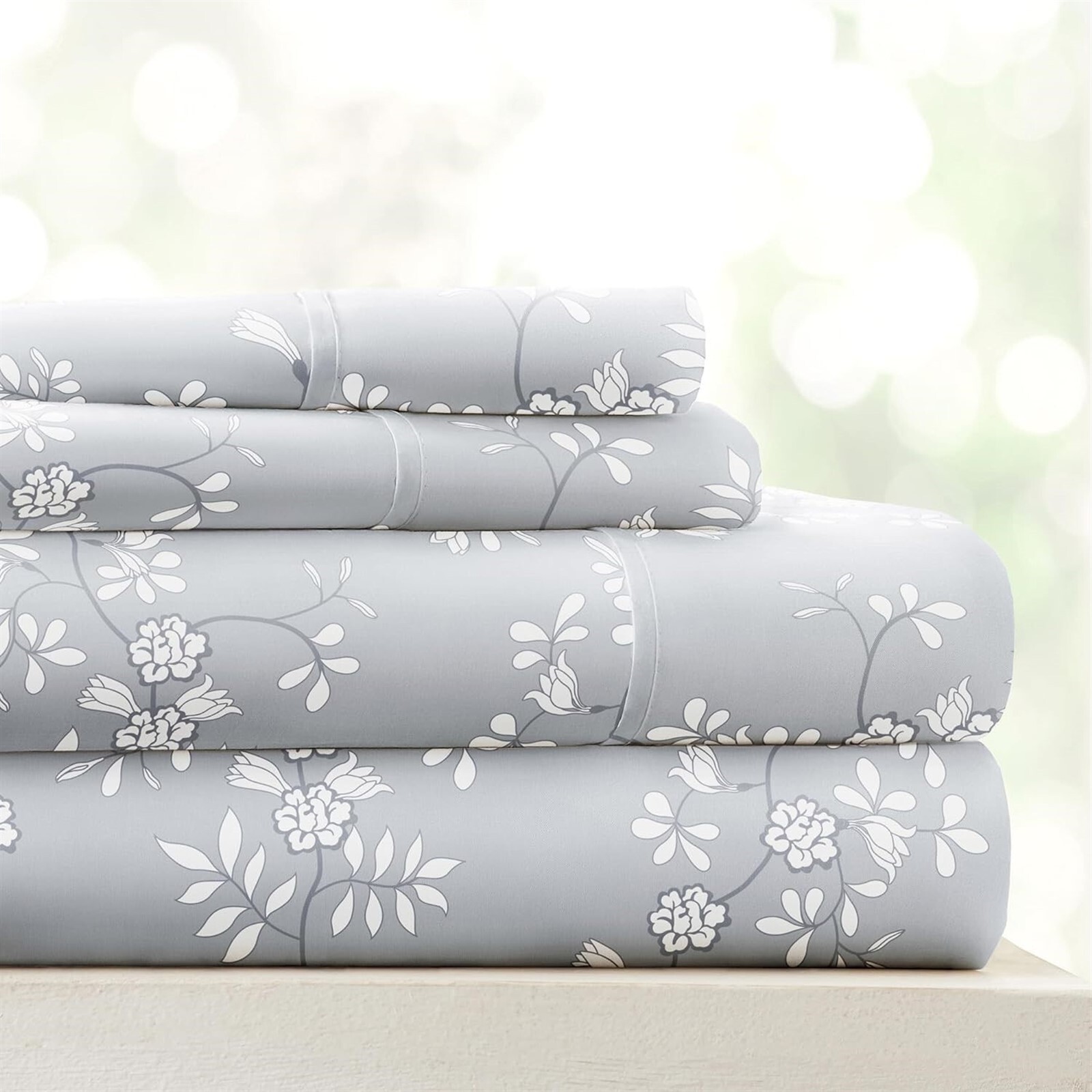 4 Piece Pattern Microfiber Bed Sheets Set, Light Gray Trellis Vine Queen