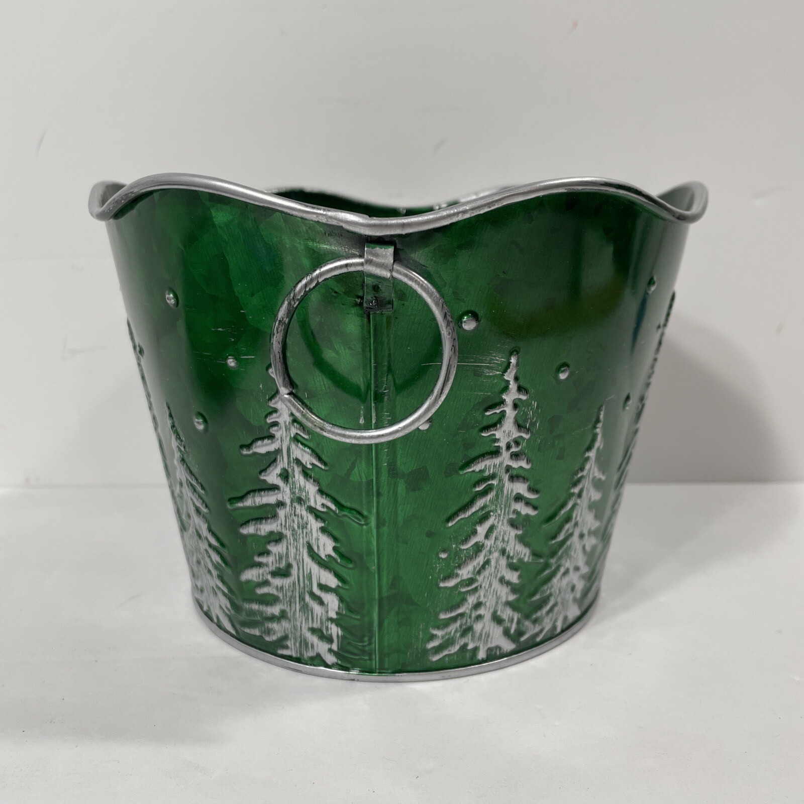 Rustic Forest Green Evergreen Tree Metal Ring Handled Bucket Pail Basket Decor