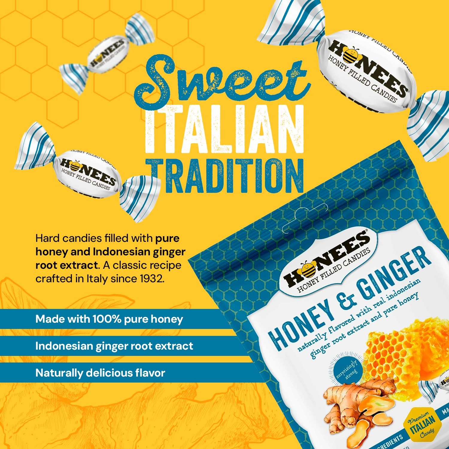 Honees Honey & Ginger Hard Candy Individually Wrapped | Natural & 1 Pack