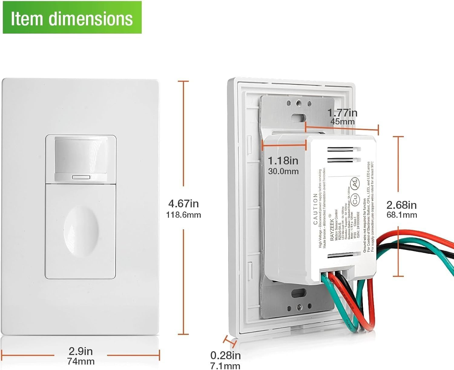 RAYZEEK Motion Sensor Light Switch, No Neutral Wire Required, No Ground Wire Nee