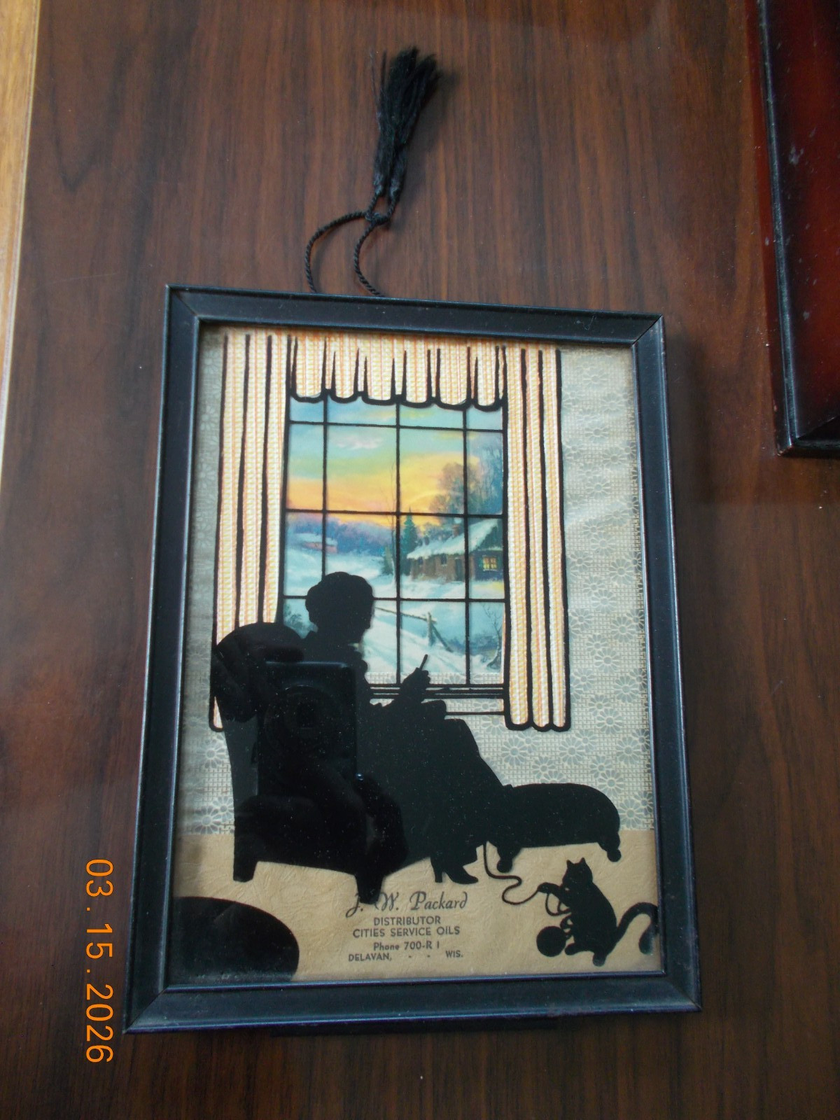 Vintage Reverse Painted Image of a Woman with a Cat, Knitting, Newton Mfg. Iowa