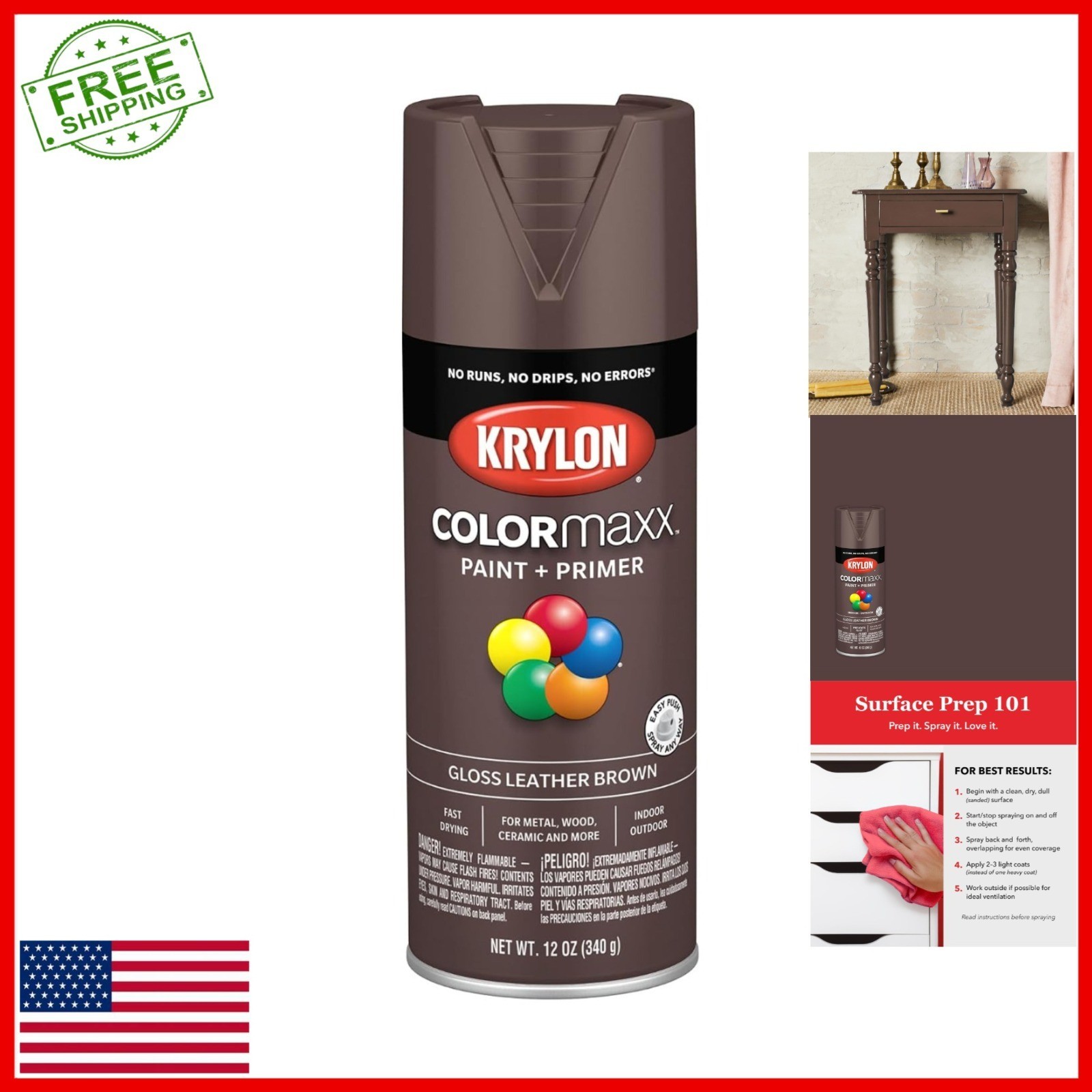 Krylon COLORmaxx Spray Paint & Primer, Gloss Leather Brown, 12 oz