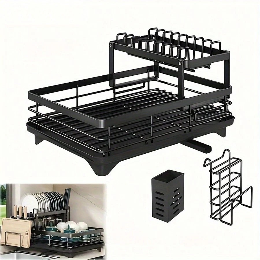 2 Tier Dish Drying Rack Foldable Stainless Steel Kitchen Counter Organizer