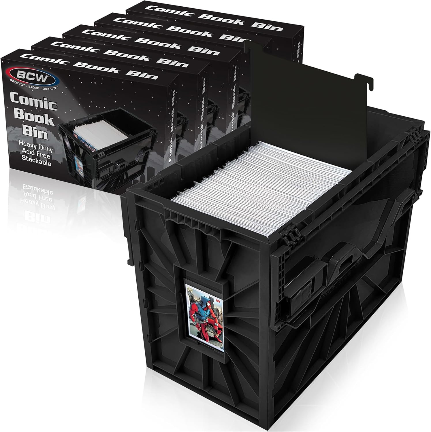 Comic Book Bin - 5 Pack, Holds 150 Comics, Stackable, Acid-Free, Black