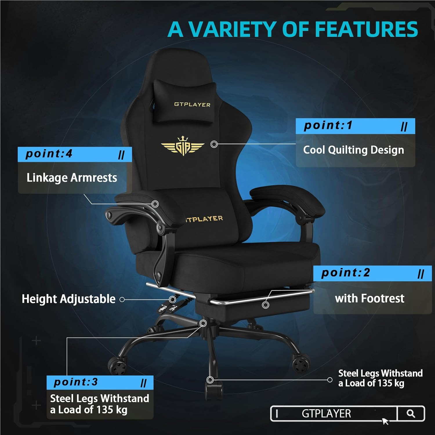 GTPLAYER Gaming Chair Fabric with Pocket Spring Cushion, Big and Tall Gamings Ch