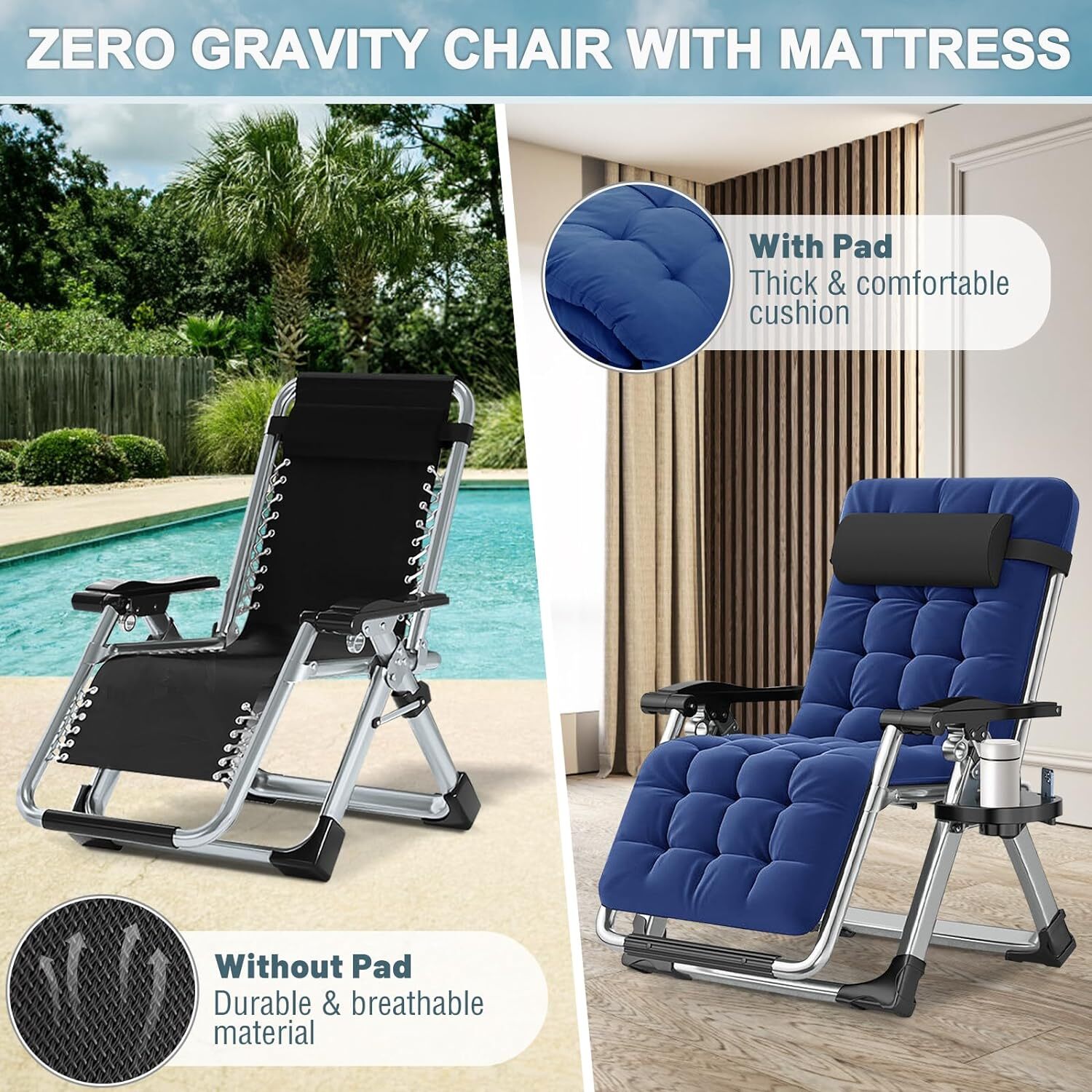 MOPHOTO Zero Gravity Chair Recliner Chaise Lounge & Mattress for Outdoor Indoor