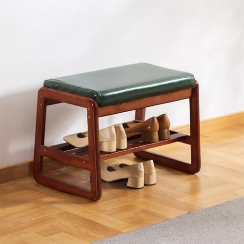 Solid Wood Bench, Entryway Shoe Bench with Cushion, 2 Tier Shoe Storage