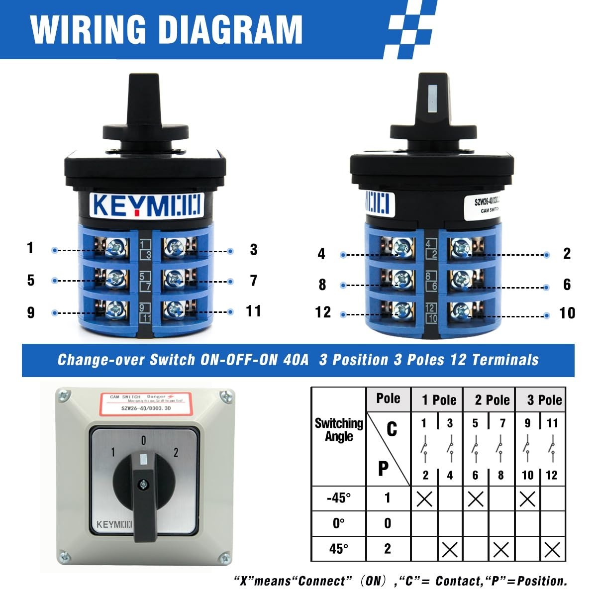 40A Rotary Changeover Switch IP65 3 Position 3 Phase Selector Switch Box Kit
