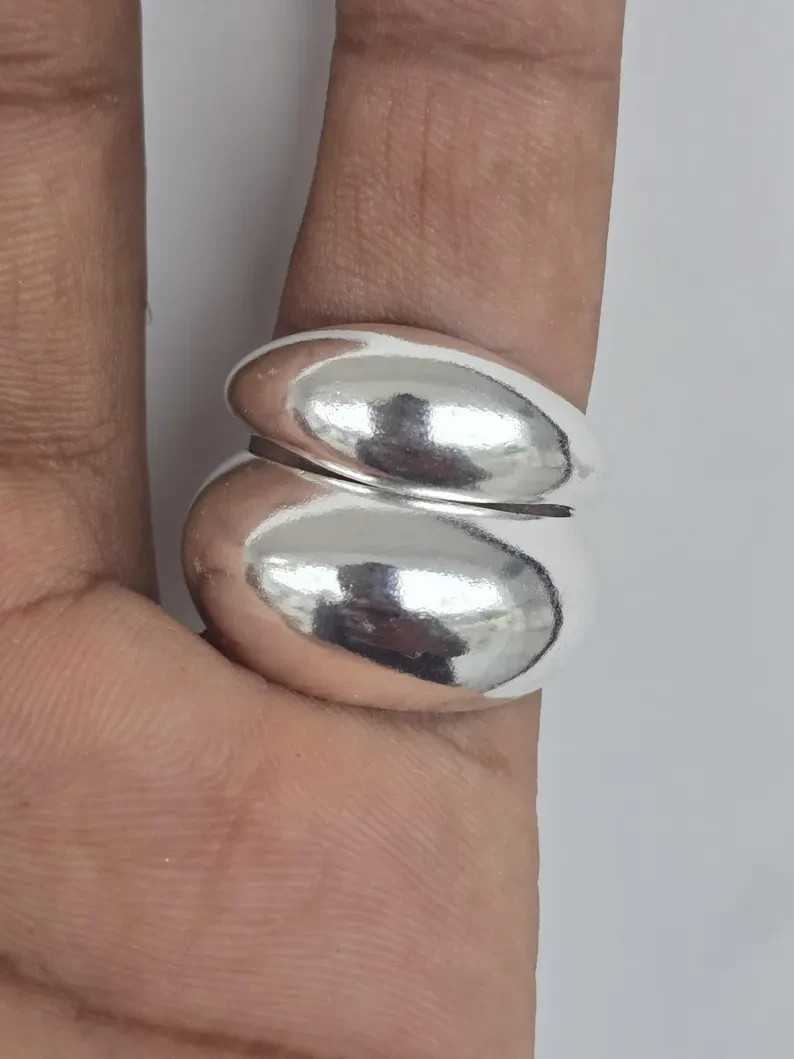 925 Sterling Silver Ring 2 set dome ring Wide Statement Ring Women silver Ring C
