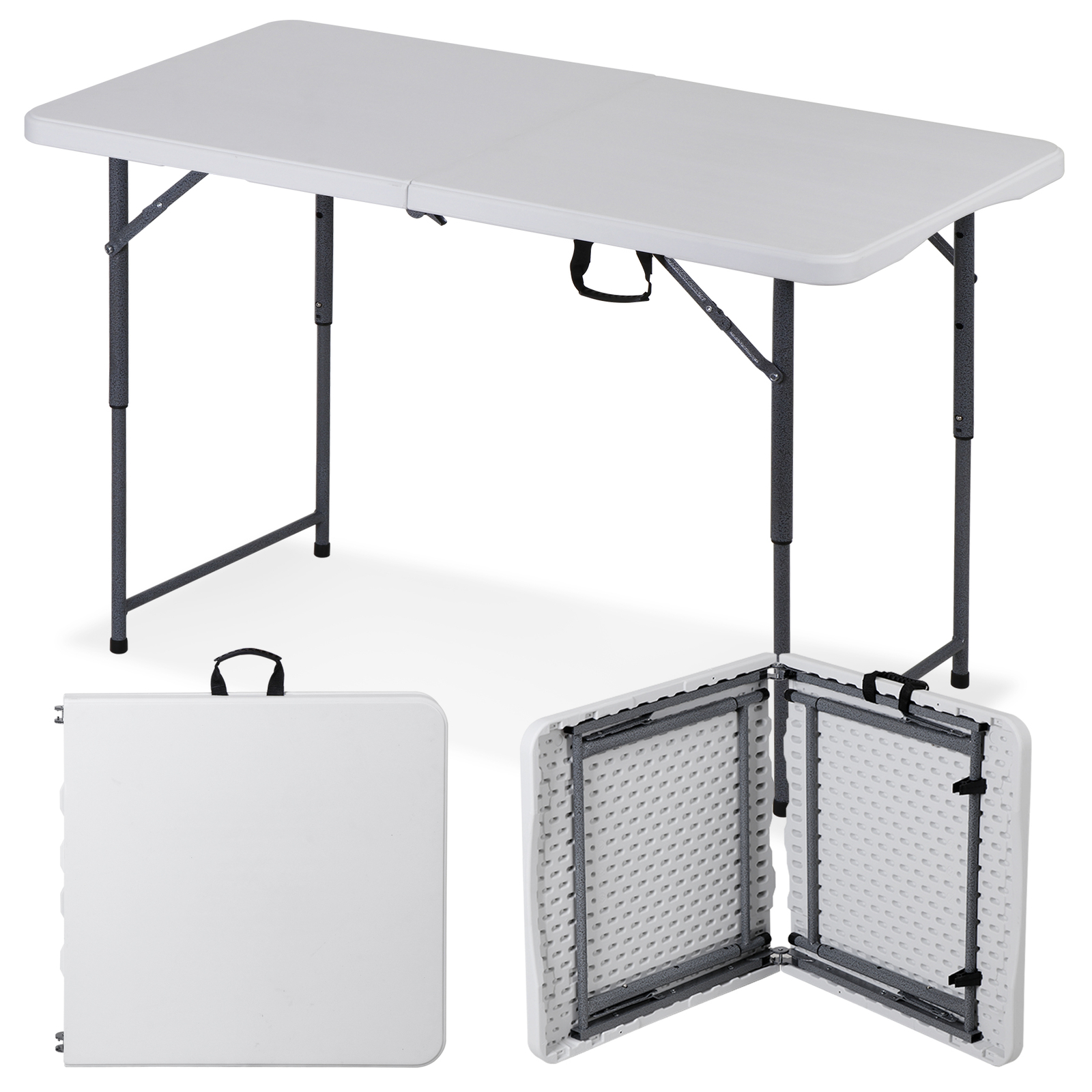 Folding Table 4 FT Portable Fold-in-Half Adjustable Plastic Camping Table White