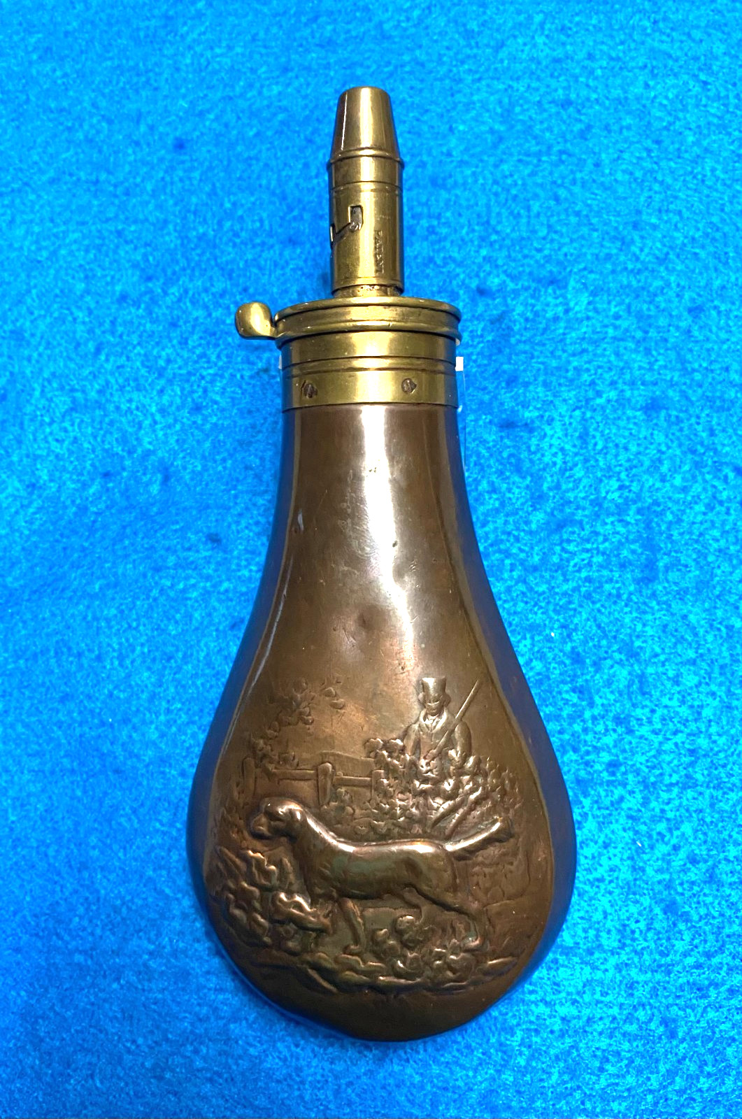 Civil War Period FRITH PATEN Large Hunting Dog Motif Powder Flask