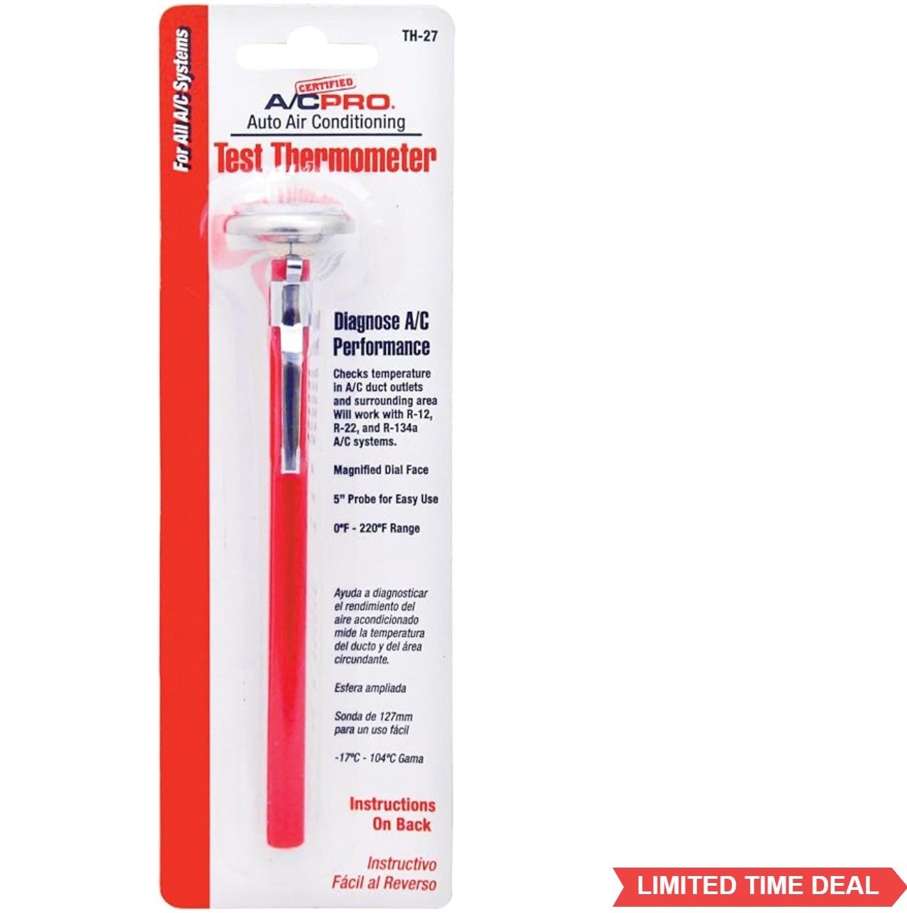 A C Test Thermometer 1 Inch Dial 5 Inch Probe 0 220 F Diagnostic Tool