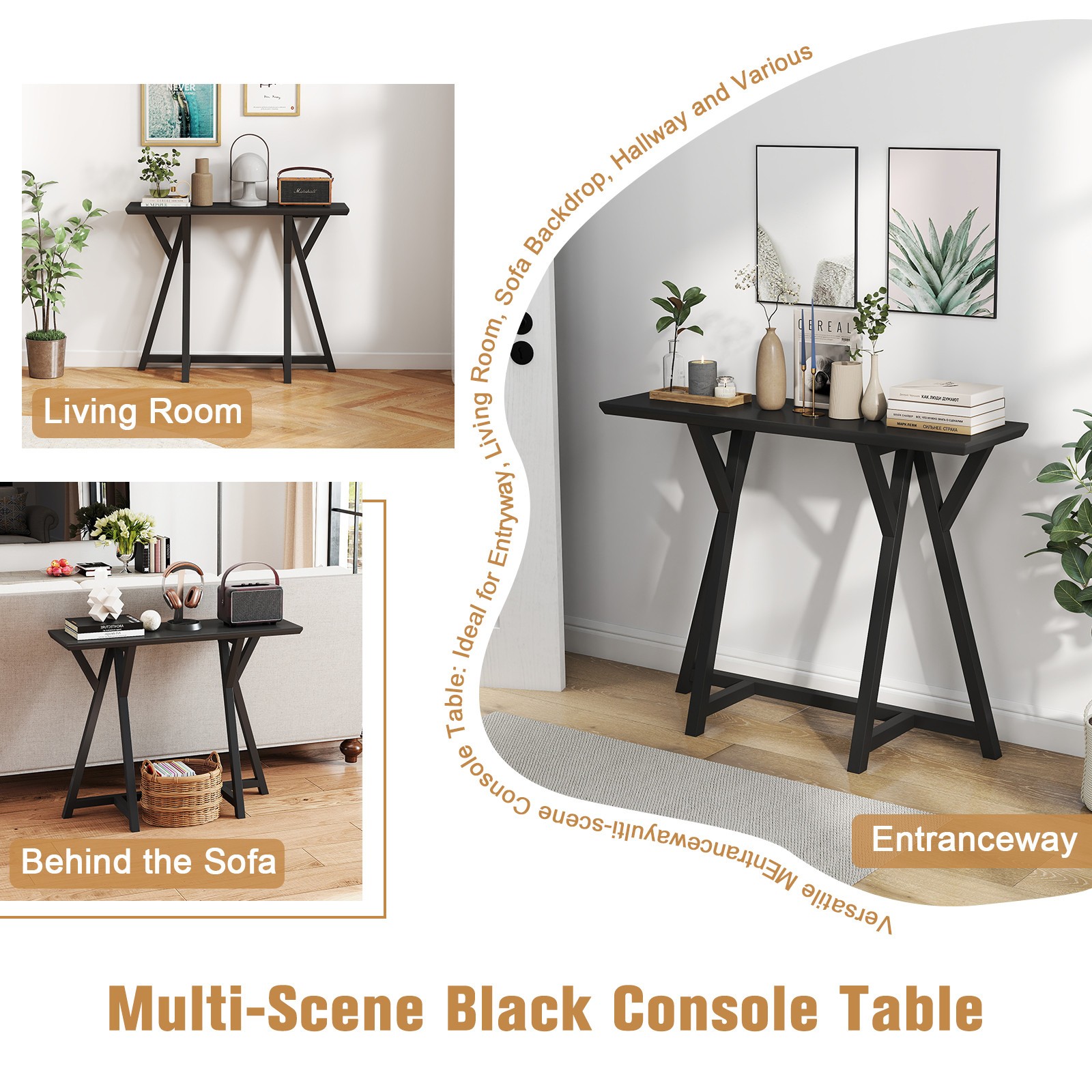 Black Console Table, Triangle Structure Design Sofa Table for Living Room