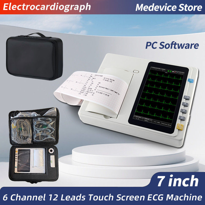 6 Channel 12 Lead 7 Inch Touch Screen ECG EKG Machine with Handbag PC Software
