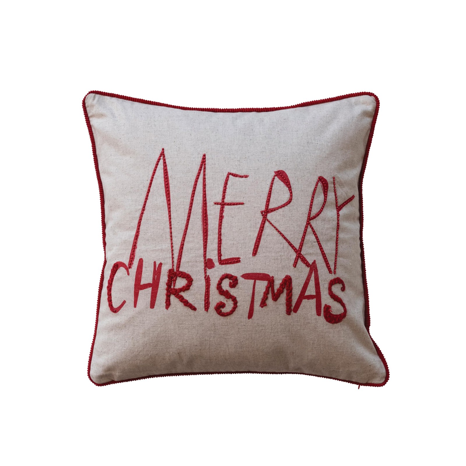 Square Cotton Printed Pillow with Embroidery, Corduroy Back and Piping Merry ...