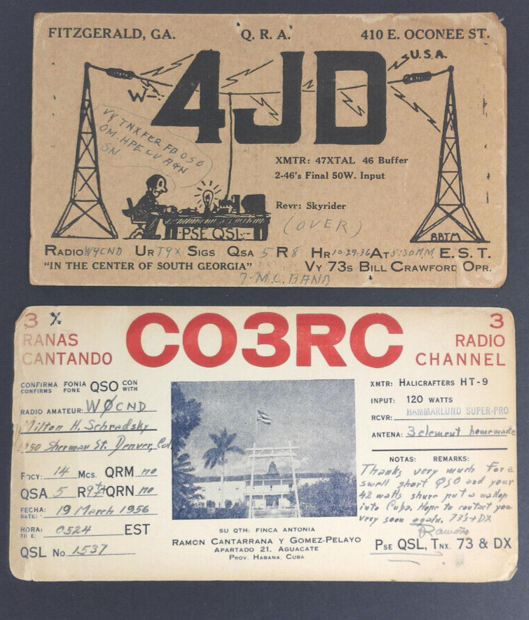 Ham Operators Licences W4JD CO3RC Habana Cuba 1956   Fitzgerald Georgia Lot of 2