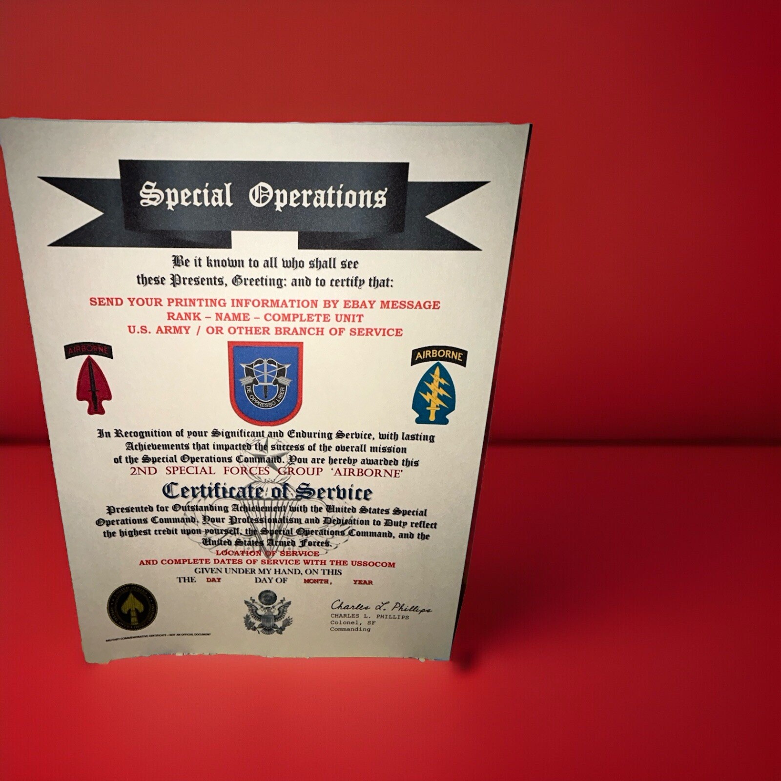 U.S. ARMY - 2ND SPECIAL FORCES GROUP (ABN) CERTIFICATE OF SERVICE