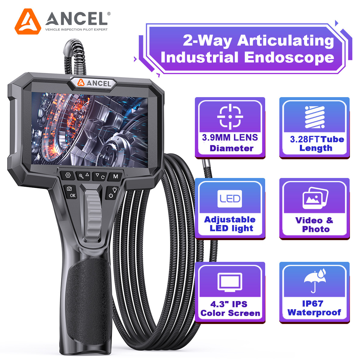 ANCEL AN303 210°Articulating Endoscope Inspection Camera 1080P 4.3" Borescope