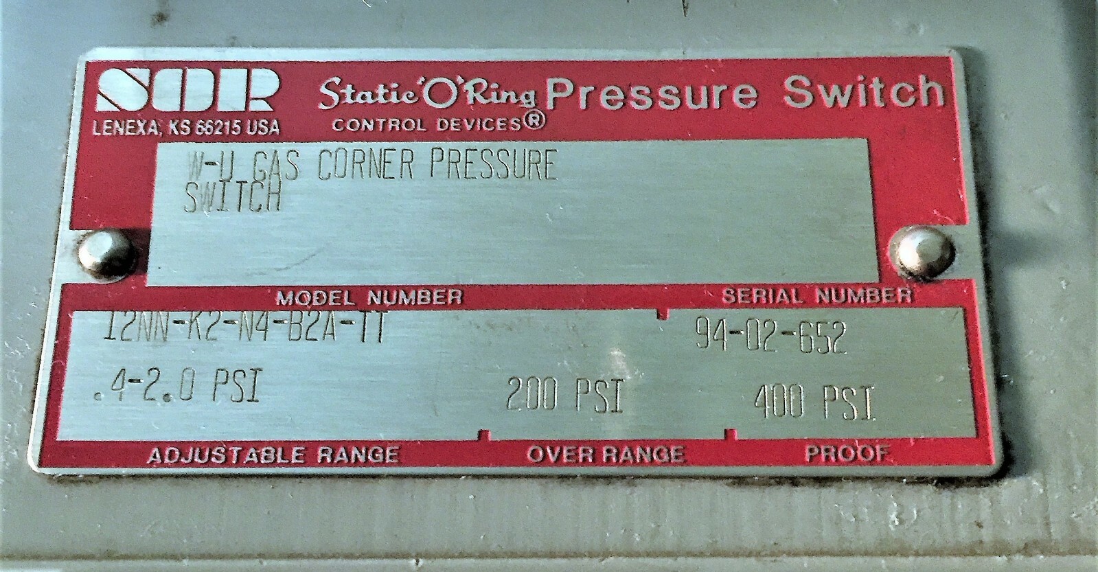 SOR 12NN-K2-N4-B2A-TT W-U GAS CORNER PRESSURE SWITCH